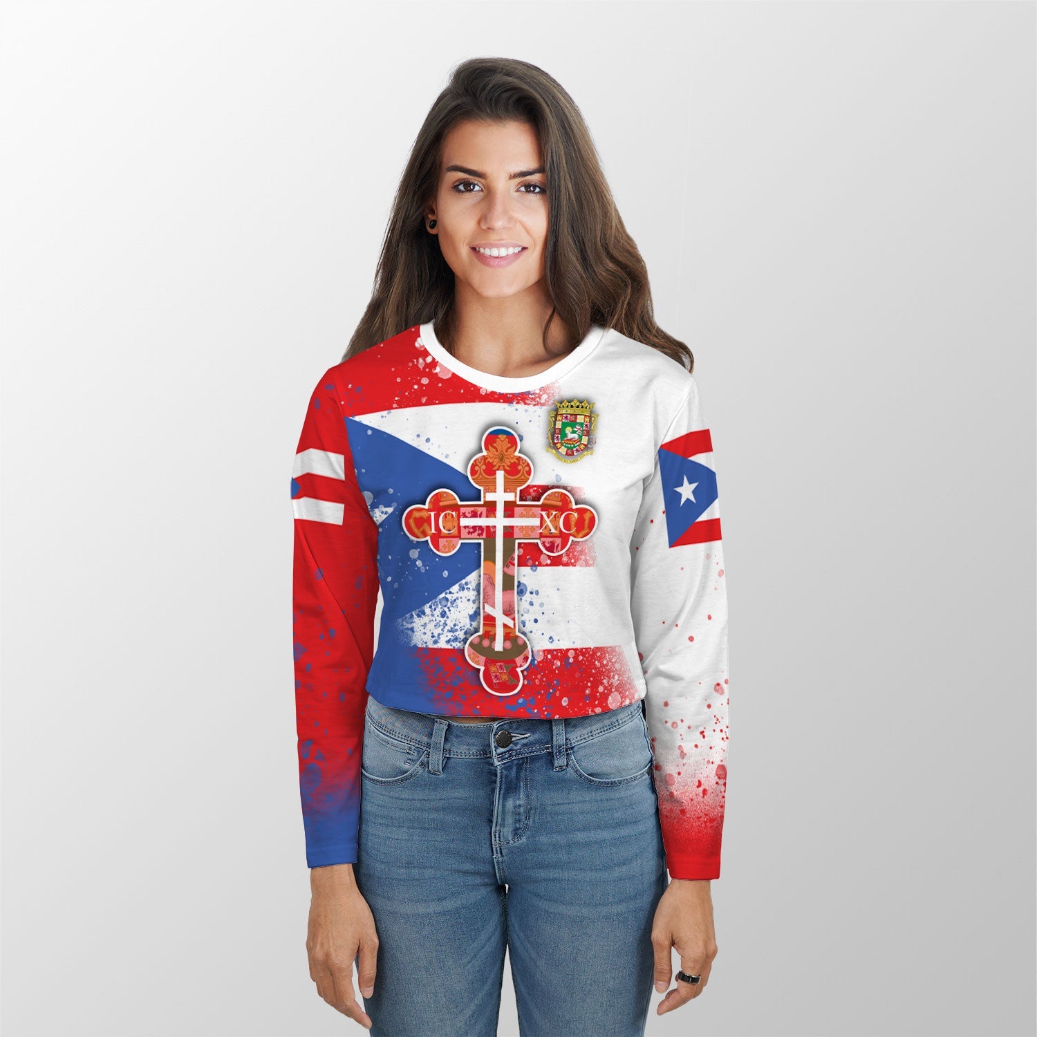 Puerto Rico Crop Top Long TShirt Flag & Coat Of Arms Orthodox Style