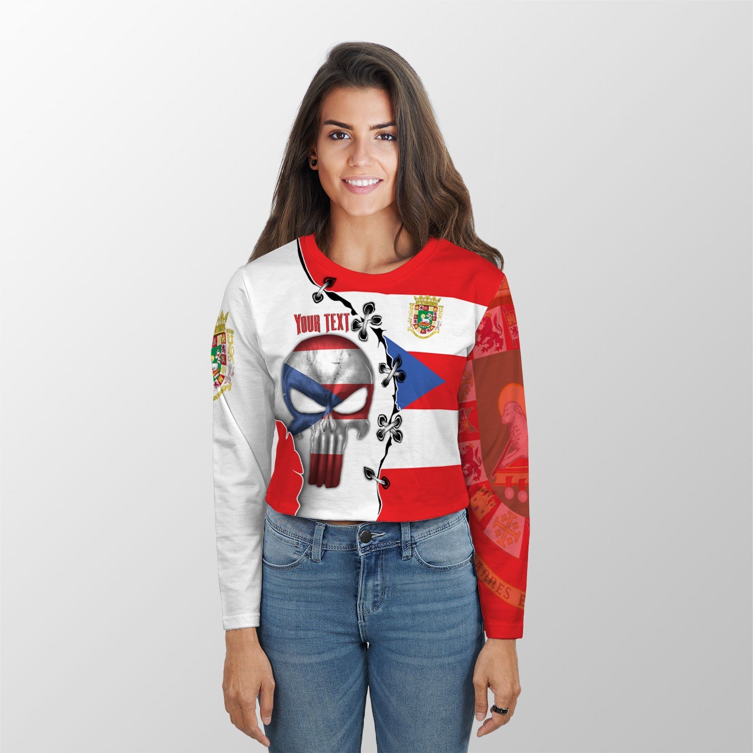 Puerto Rico Crop Top Long TShirt Flag & Coat Of Arms Skull Style