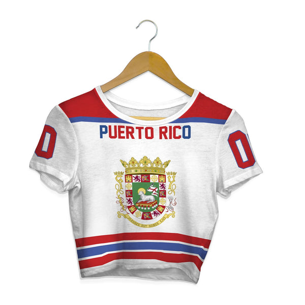 Puerto Rico Crop Top T Shirt Flag & Coat Of Arms Hockey Style