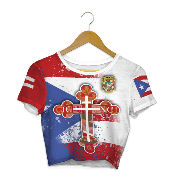 Puerto Rico Crop Top T Shirt Flag & Coat Of Arms Orthodox Style