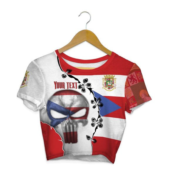 Puerto Rico Crop Top T Shirt Flag & Coat Of Arms Skull Style