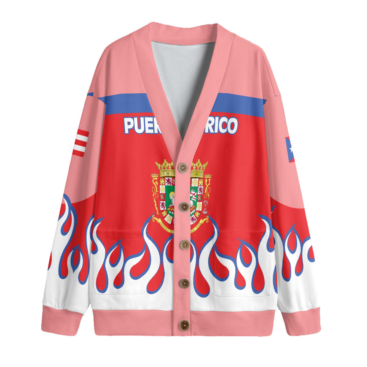 Puerto Rico Fleece Cardigan Flag & Coat Of Arms Fire Hockey Style