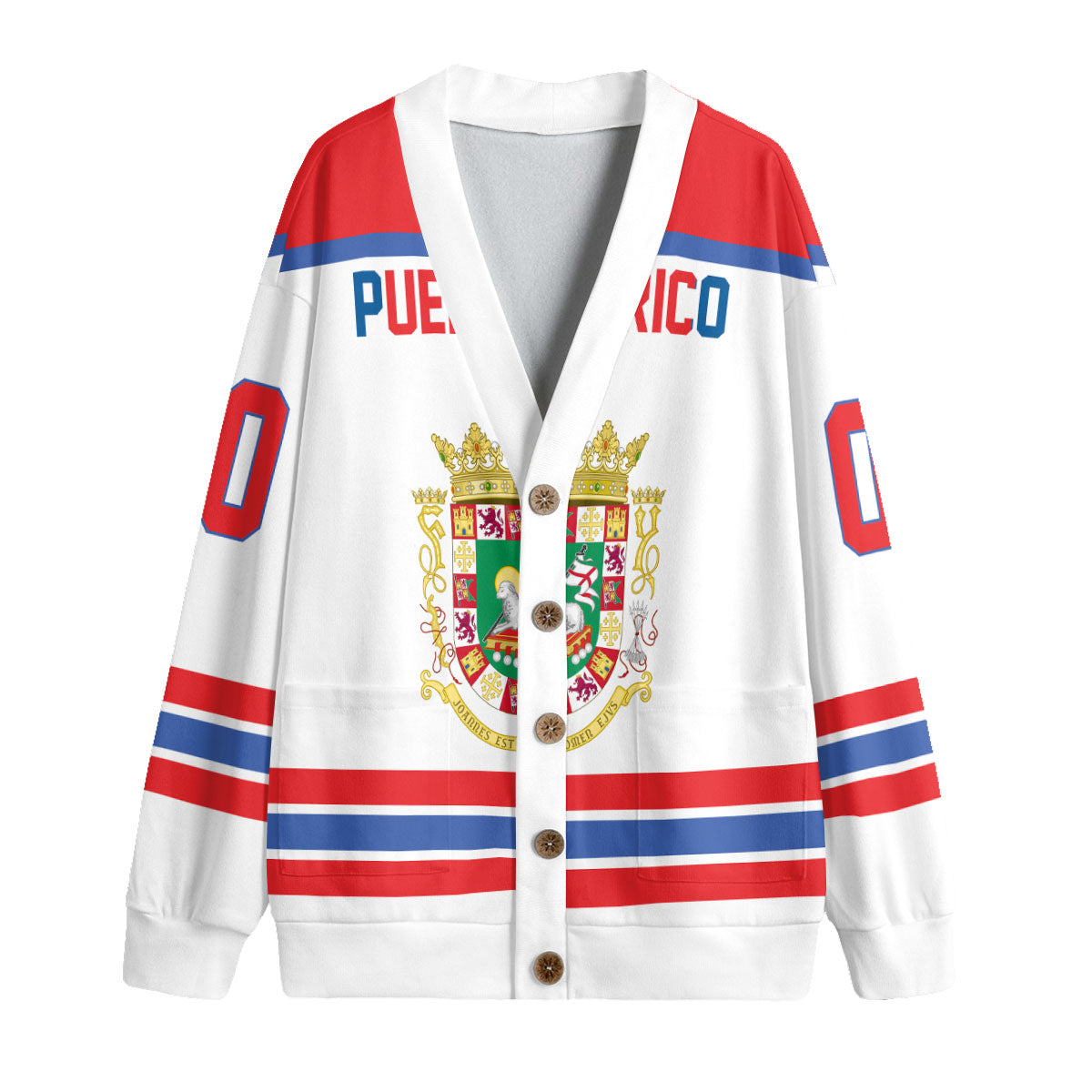 Puerto Rico Fleece Cardigan Flag & Coat Of Arms Hockey Style