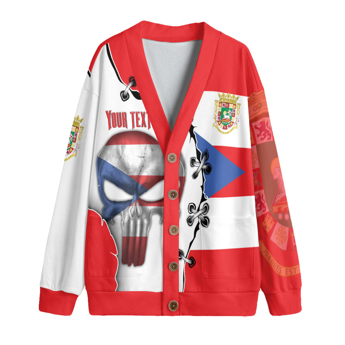 Puerto Rico Fleece Cardigan Flag & Coat Of Arms Skull Style