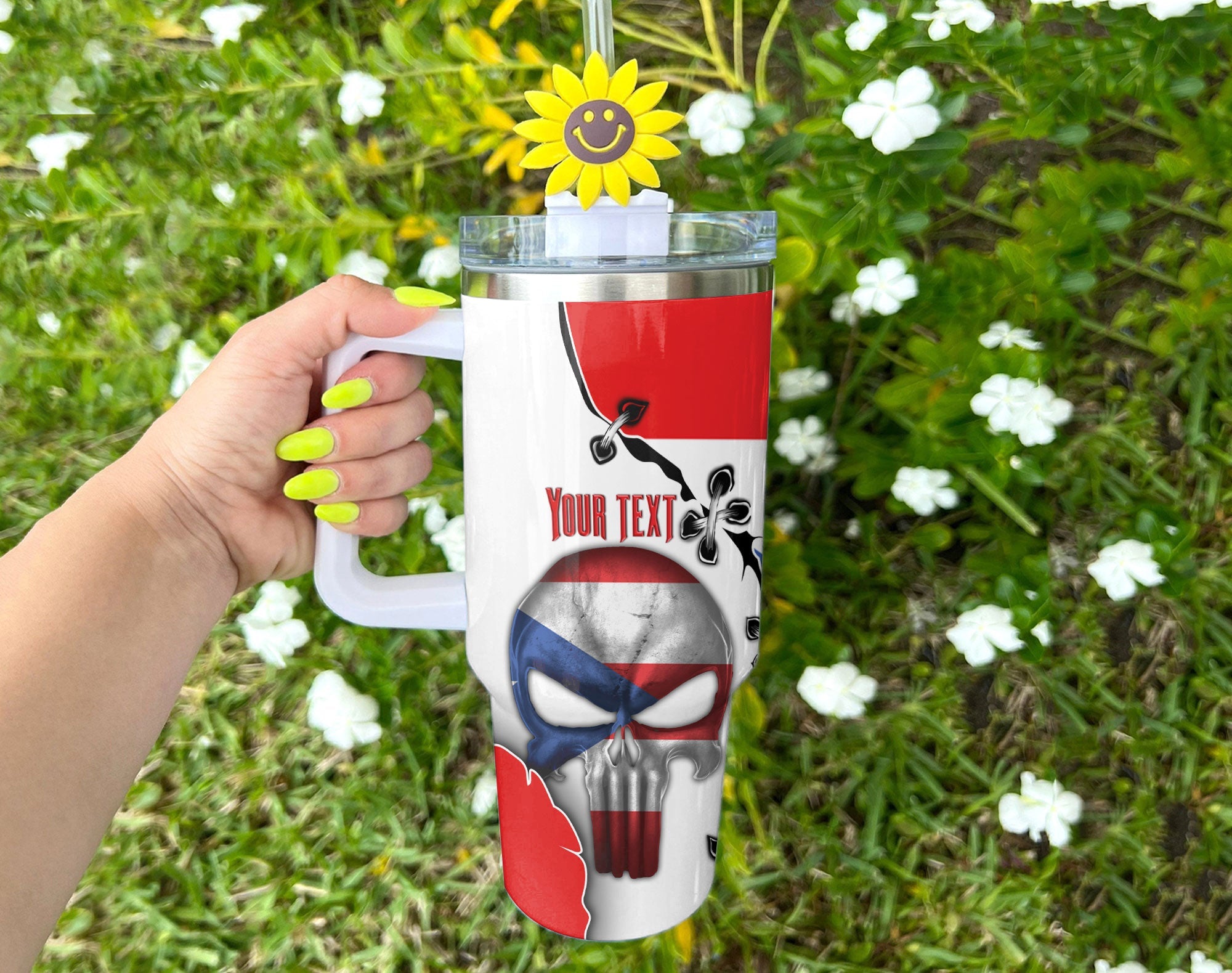 Puerto Rico Handle Tumbler Flag & Coat Of Arms Skull Style