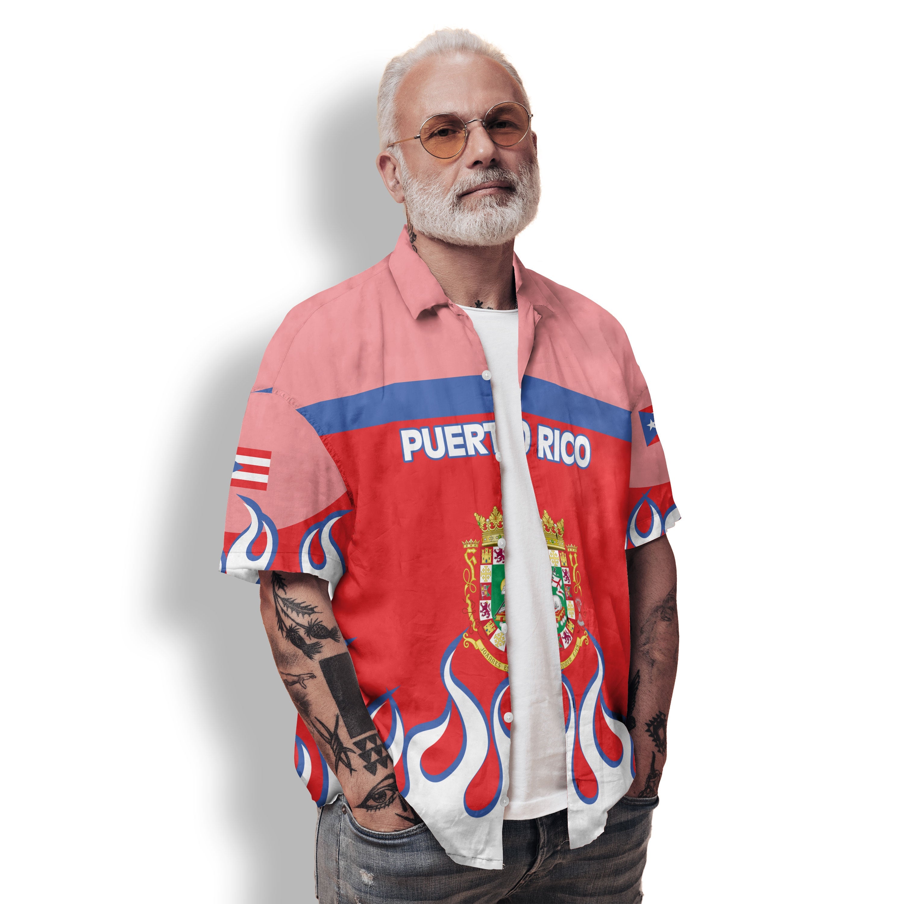 Puerto Rico Hawaiian Shirt Flag & Coat Of Arms Fire Hockey Style