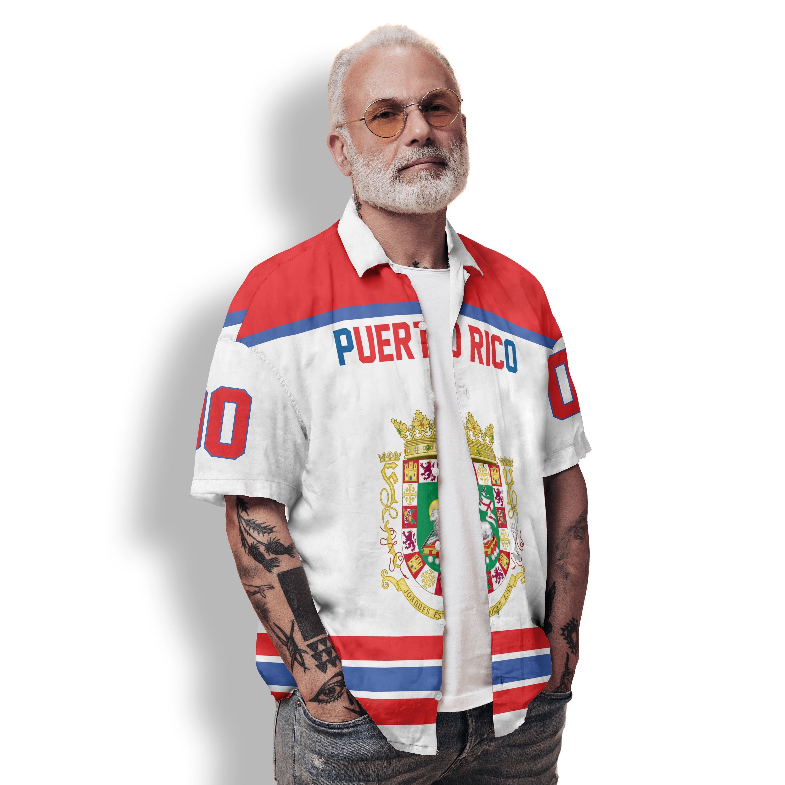 Puerto Rico Hawaiian Shirt Flag & Coat Of Arms Hockey Style