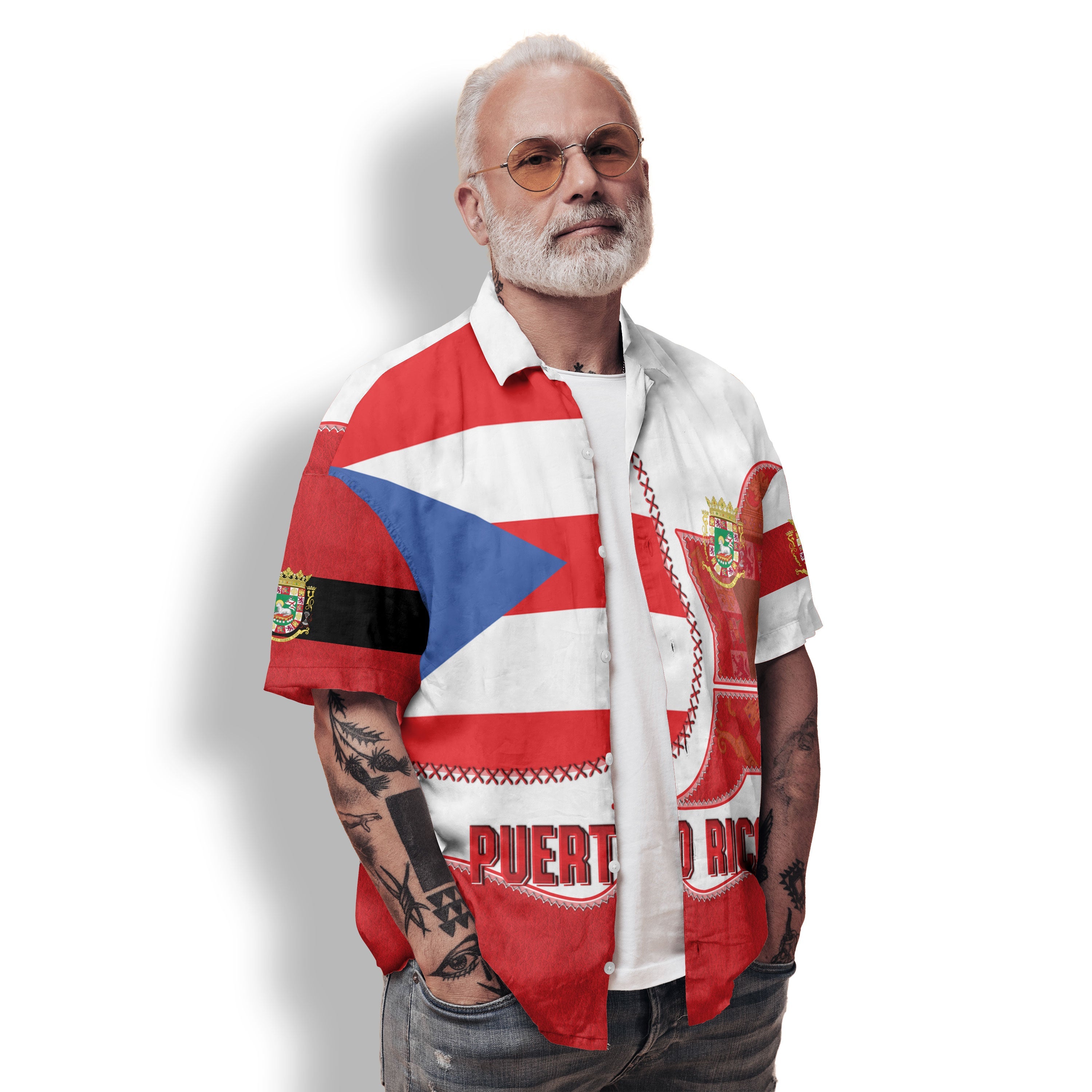 Puerto Rico Hawaiian Shirt Flag & Coat Of Arms Leather Style