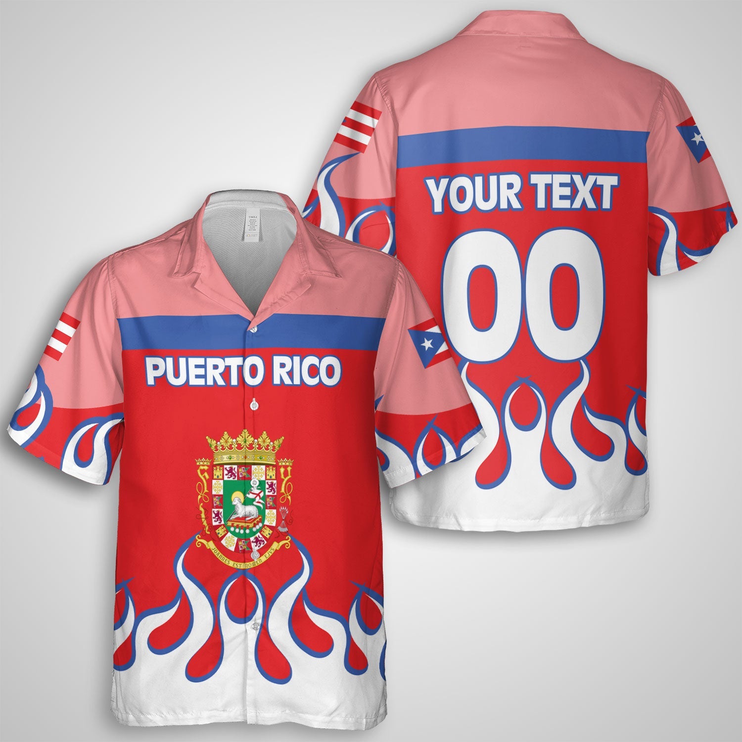 Puerto Rico Hawaiian Shirt Flag & Coat Of Arms Fire Hockey Style