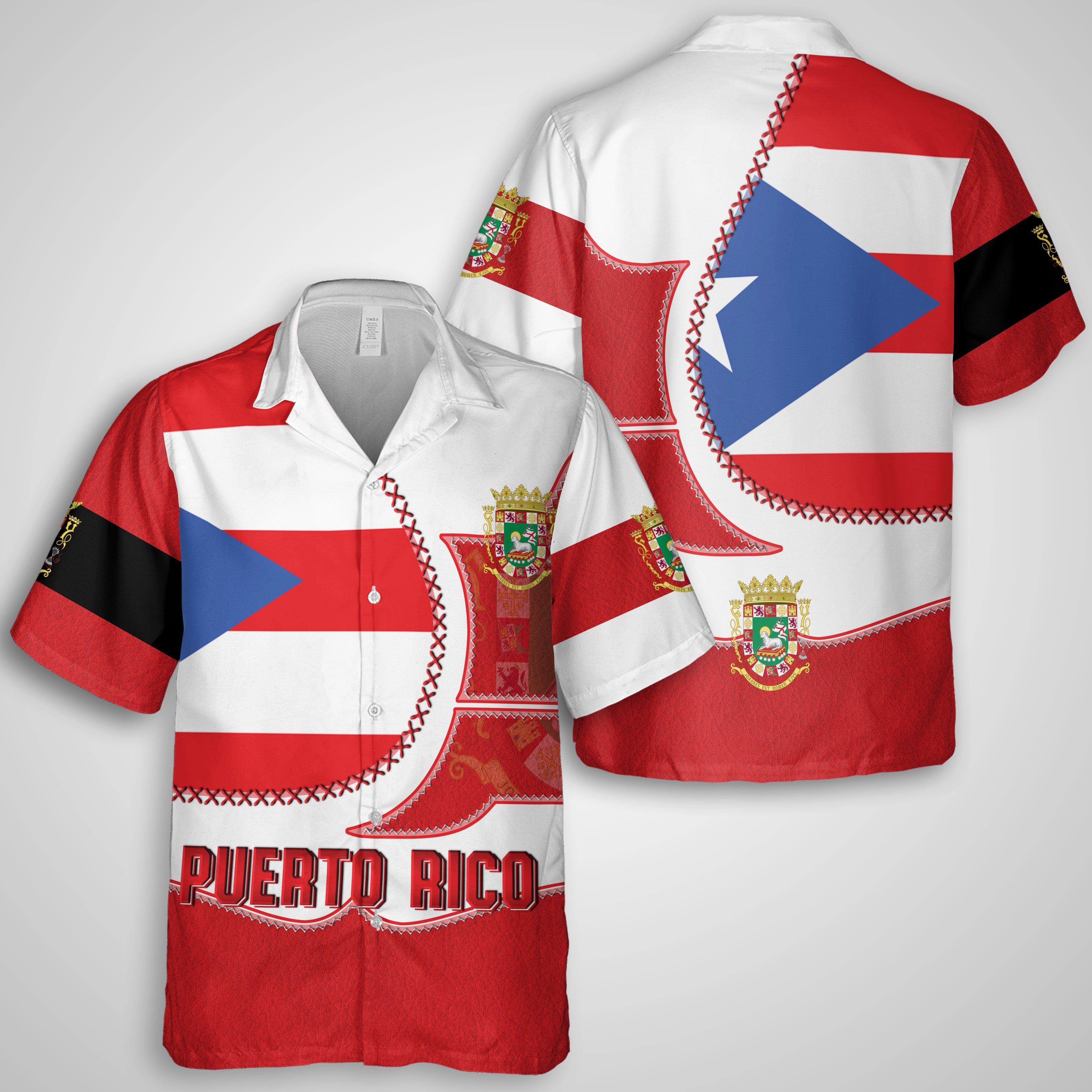 Puerto Rico Hawaiian Shirt Flag & Coat Of Arms Leather Style