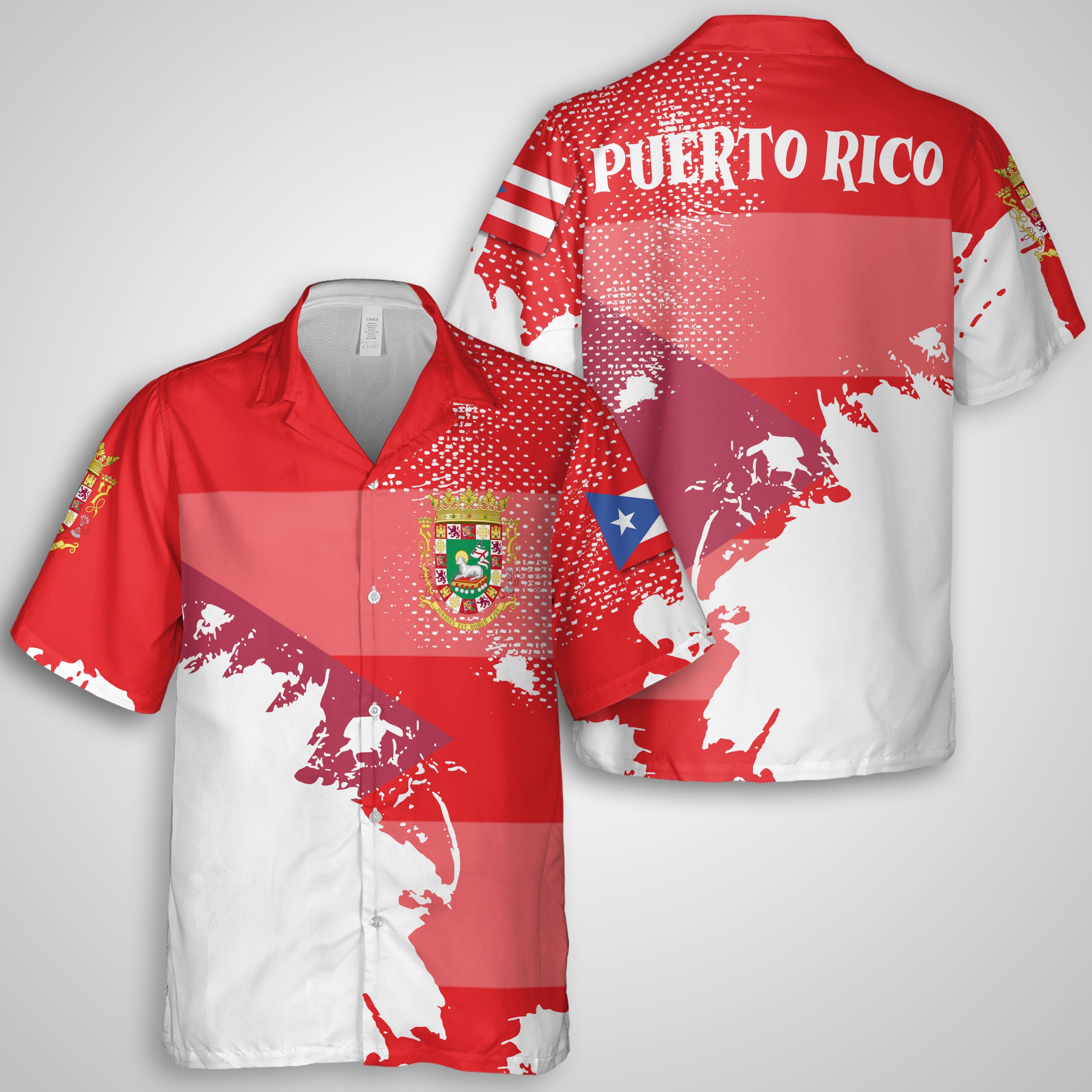 Puerto Rico Hawaiian Shirt Flag & Coat Of Arms Paint Style