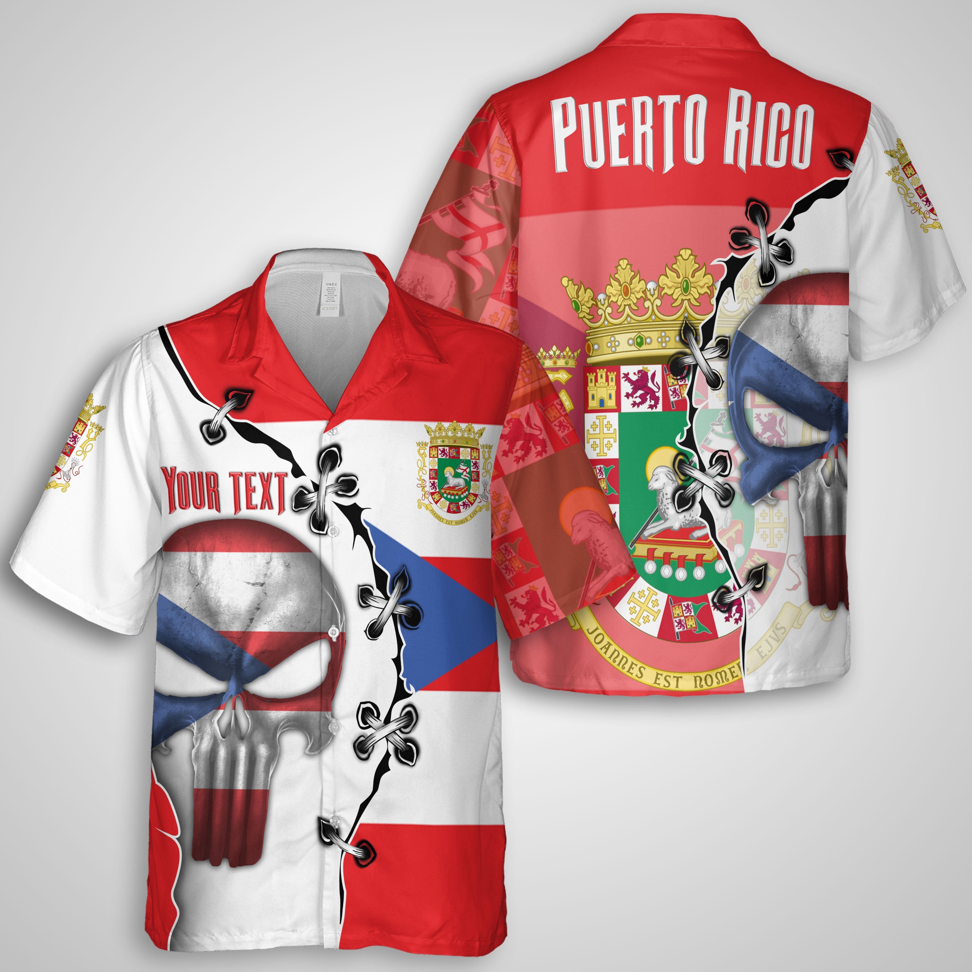 Puerto Rico Hawaiian Shirt Flag & Coat Of Arms Skull Style