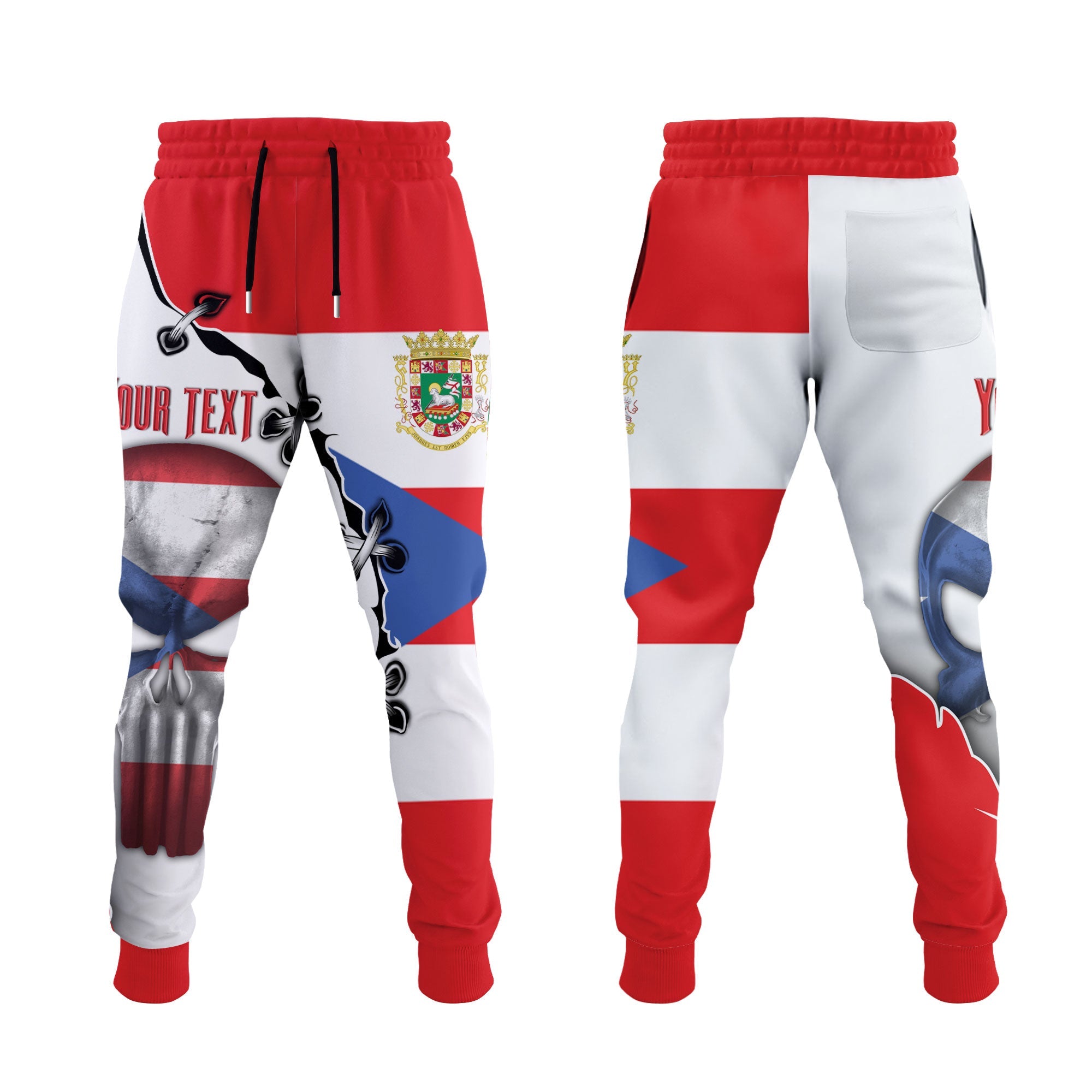 Puerto Rico Jogger Pant Flag & Coat Of Arms Skull Style