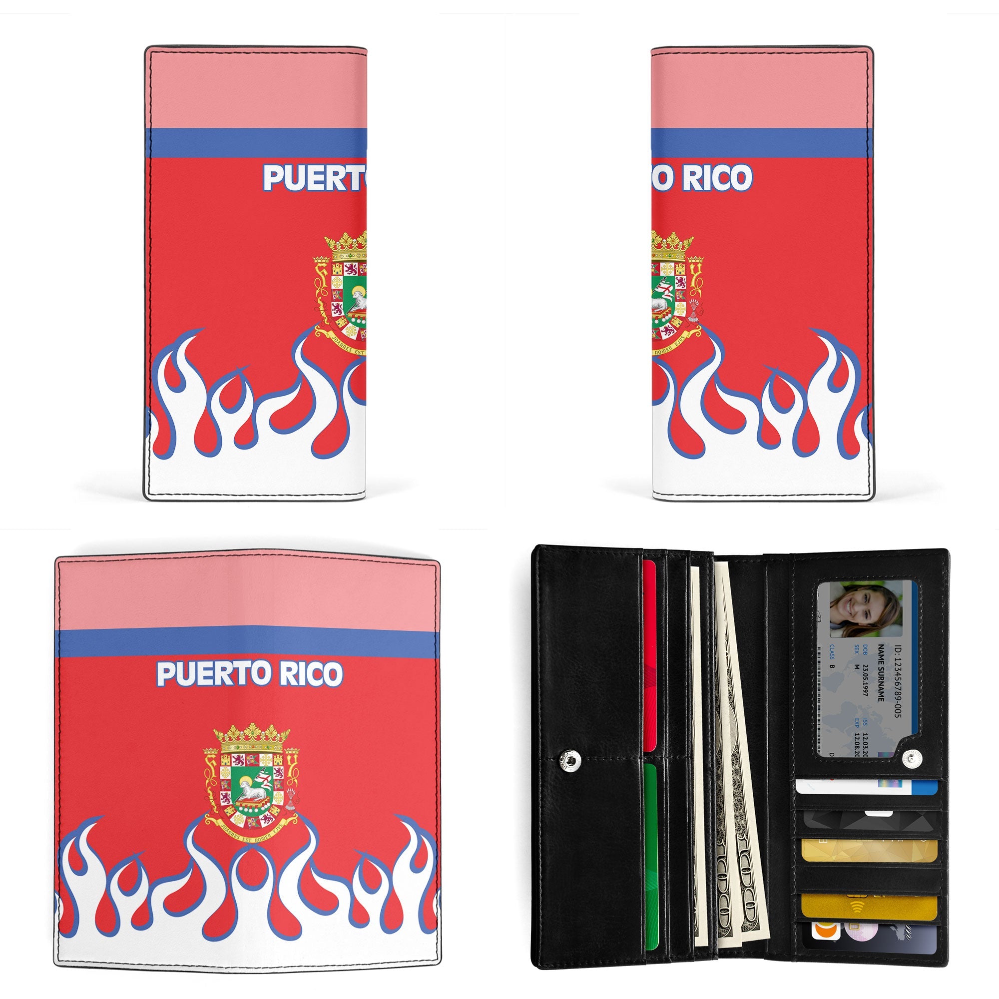 Puerto Rico Leather Wallet Flag & Coat Of Arms Fire Hockey Style