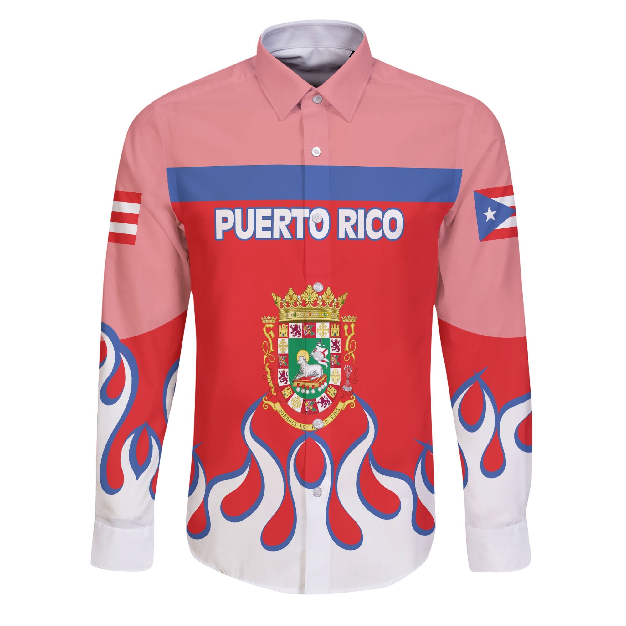 Puerto Rico Long Sleeve Button Shirt Flag & Coat Of Arms Fire Hockey Style