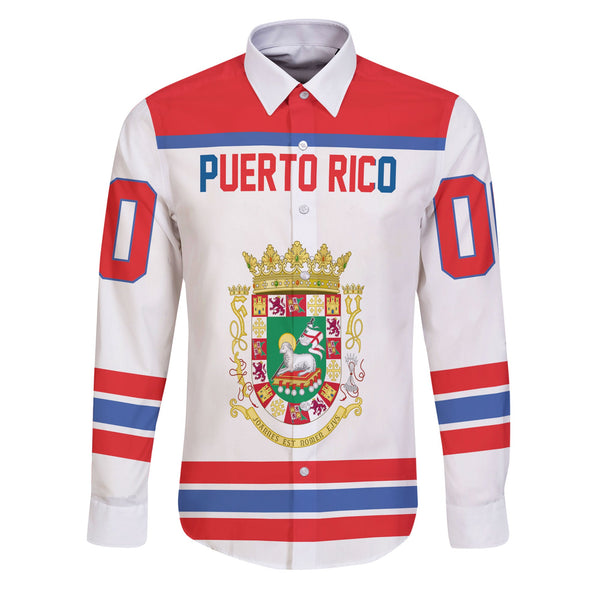 Puerto Rico Long Sleeve Button Shirt Flag & Coat Of Arms Hockey Style