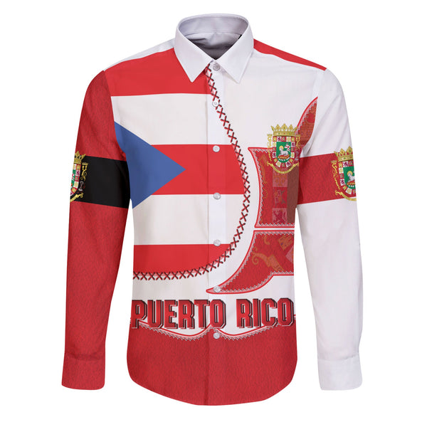 Puerto Rico Long Sleeve Button Shirt Flag & Coat Of Arms Leather Style