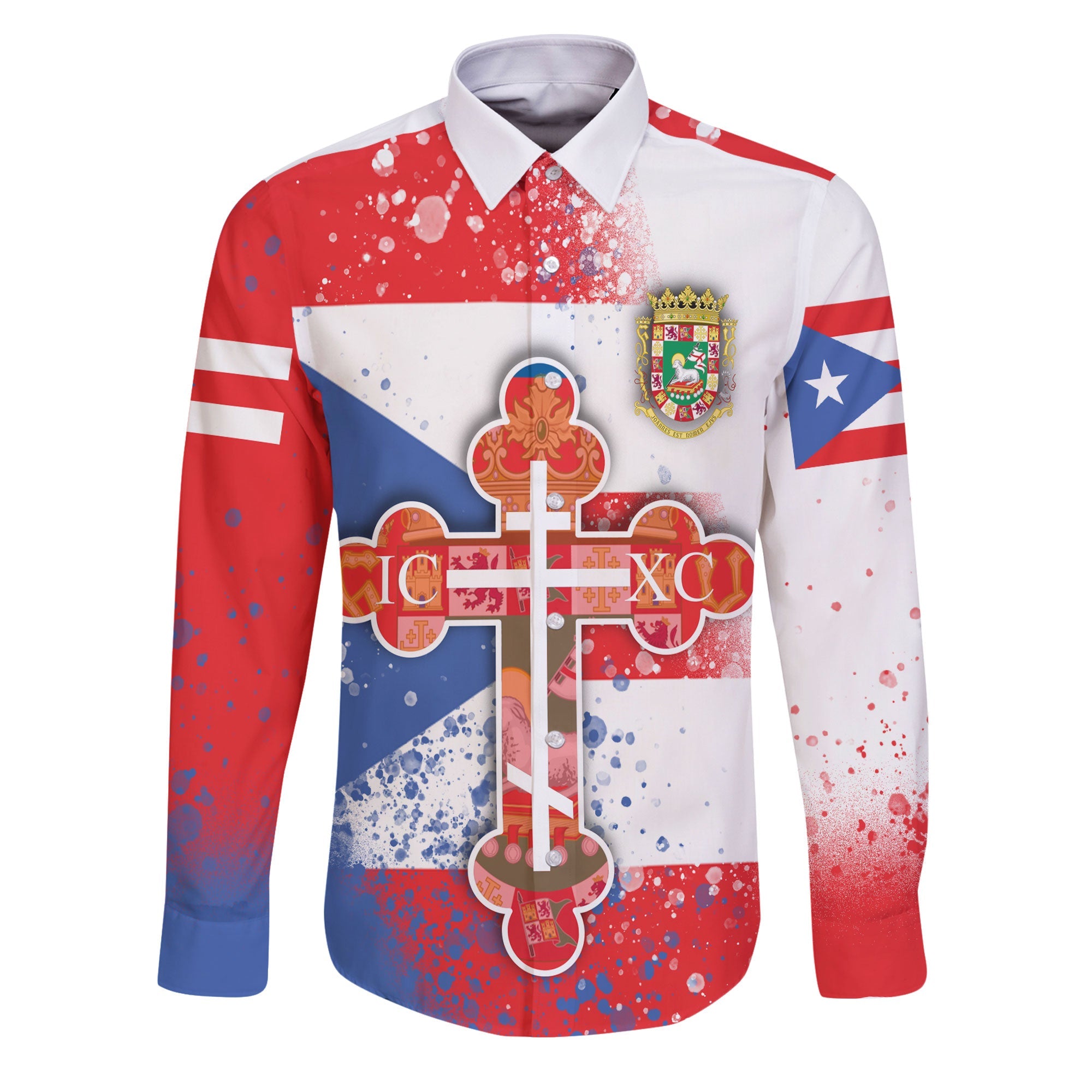 Puerto Rico Long Sleeve Button Shirt Flag & Coat Of Arms Orthodox Style