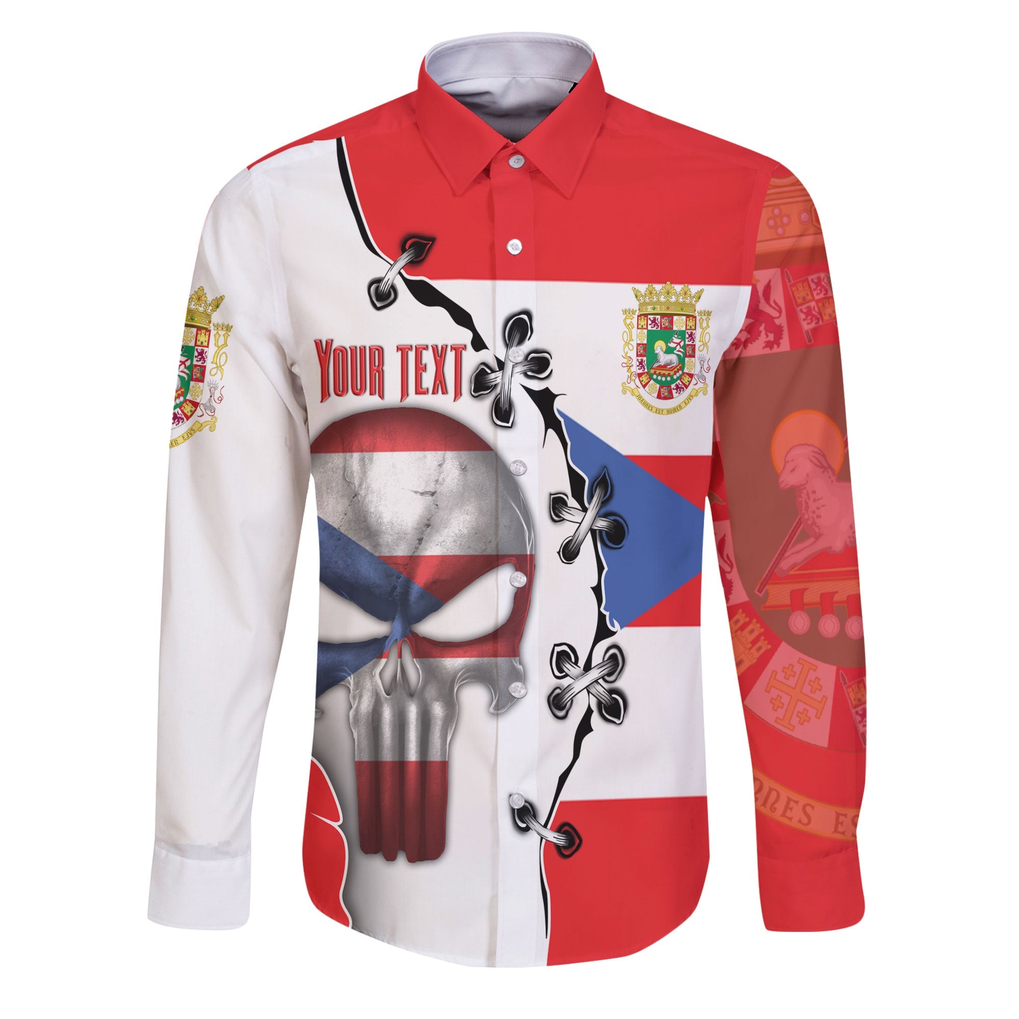 Puerto Rico Long Sleeve Button Shirt Flag & Coat Of Arms Skull Style