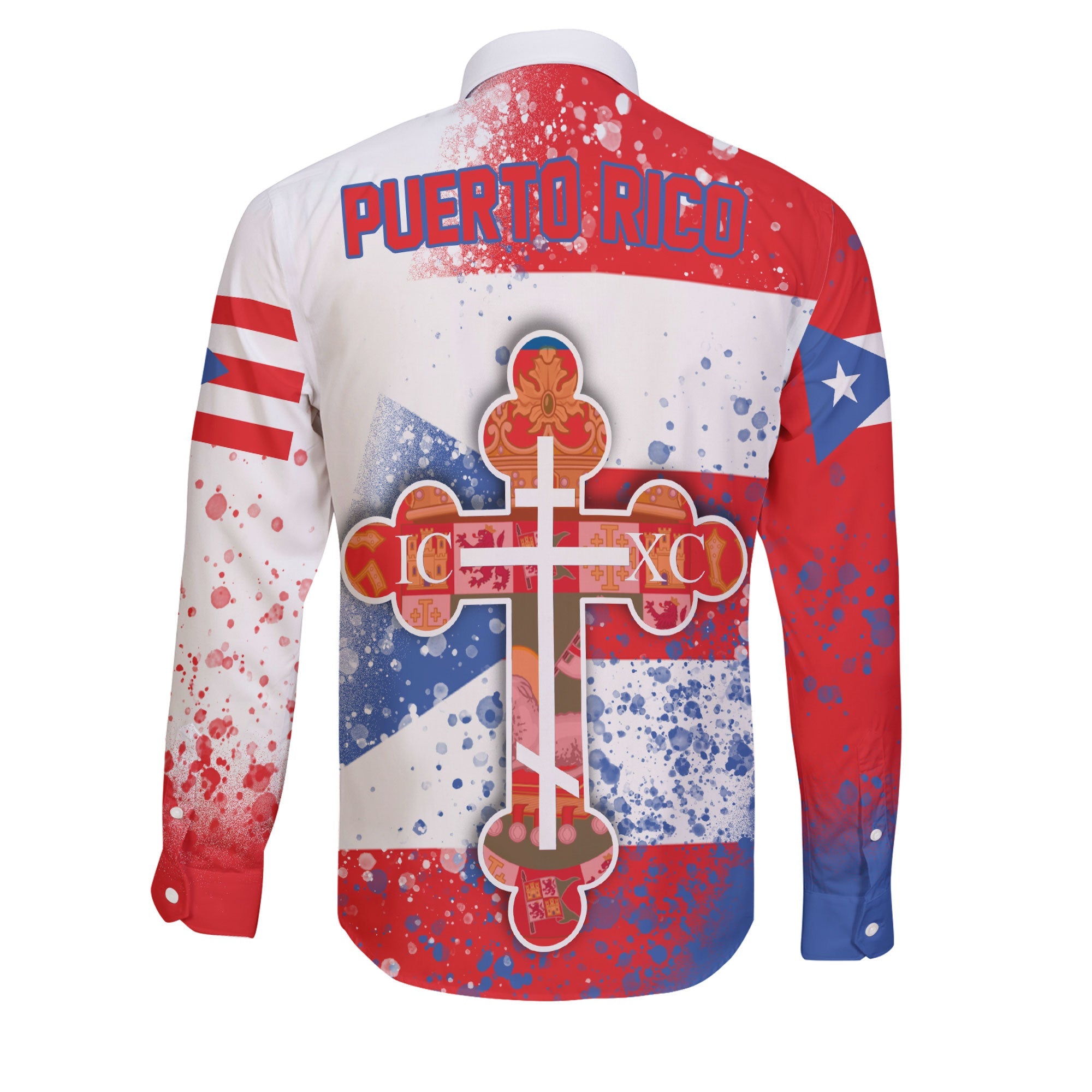 Puerto Rico Long Sleeve Button Shirt Flag & Coat Of Arms Orthodox Style