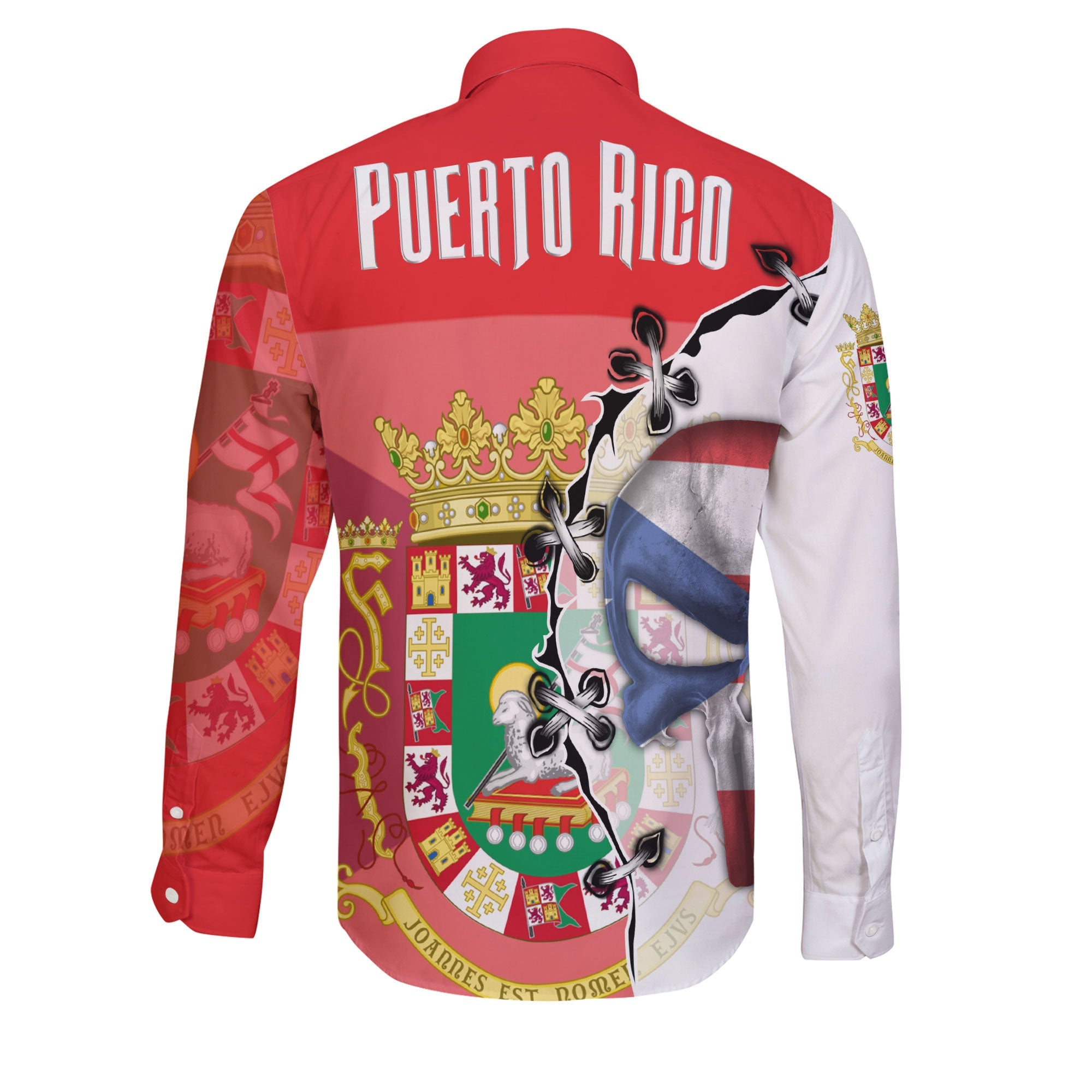 Puerto Rico Long Sleeve Button Shirt Flag & Coat Of Arms Skull Style