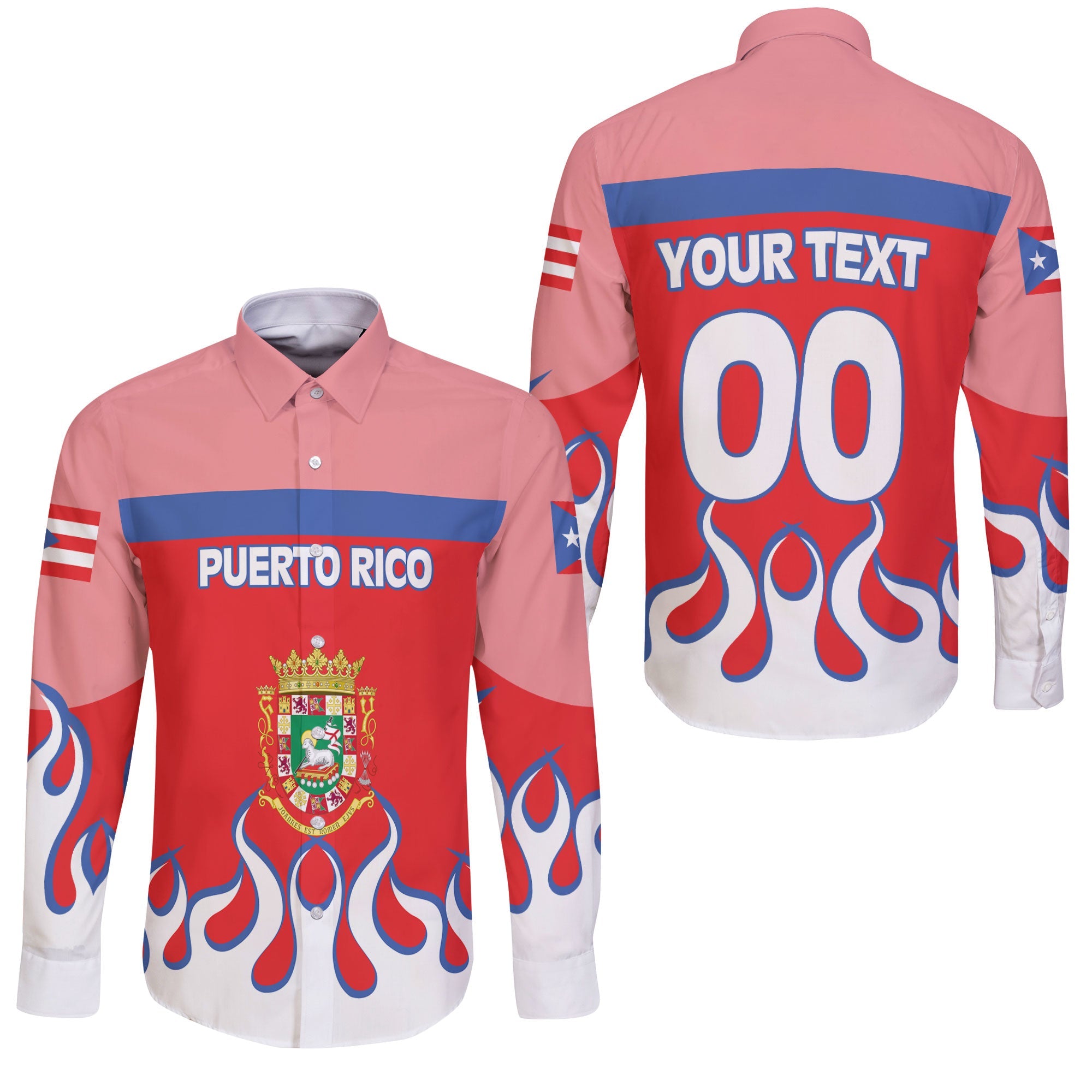 Puerto Rico Long Sleeve Button Shirt Flag & Coat Of Arms Fire Hockey Style