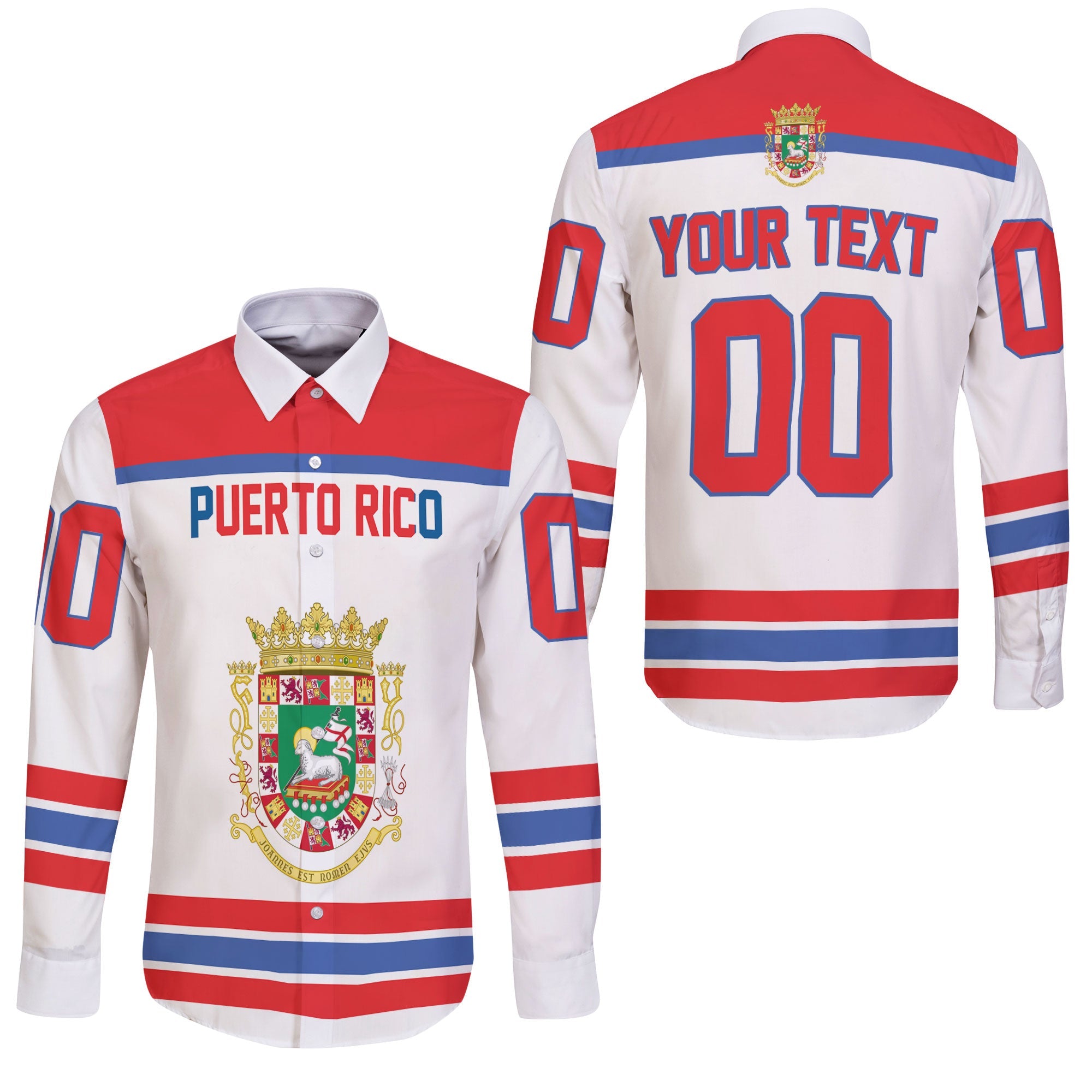 Puerto Rico Long Sleeve Button Shirt Flag & Coat Of Arms Hockey Style