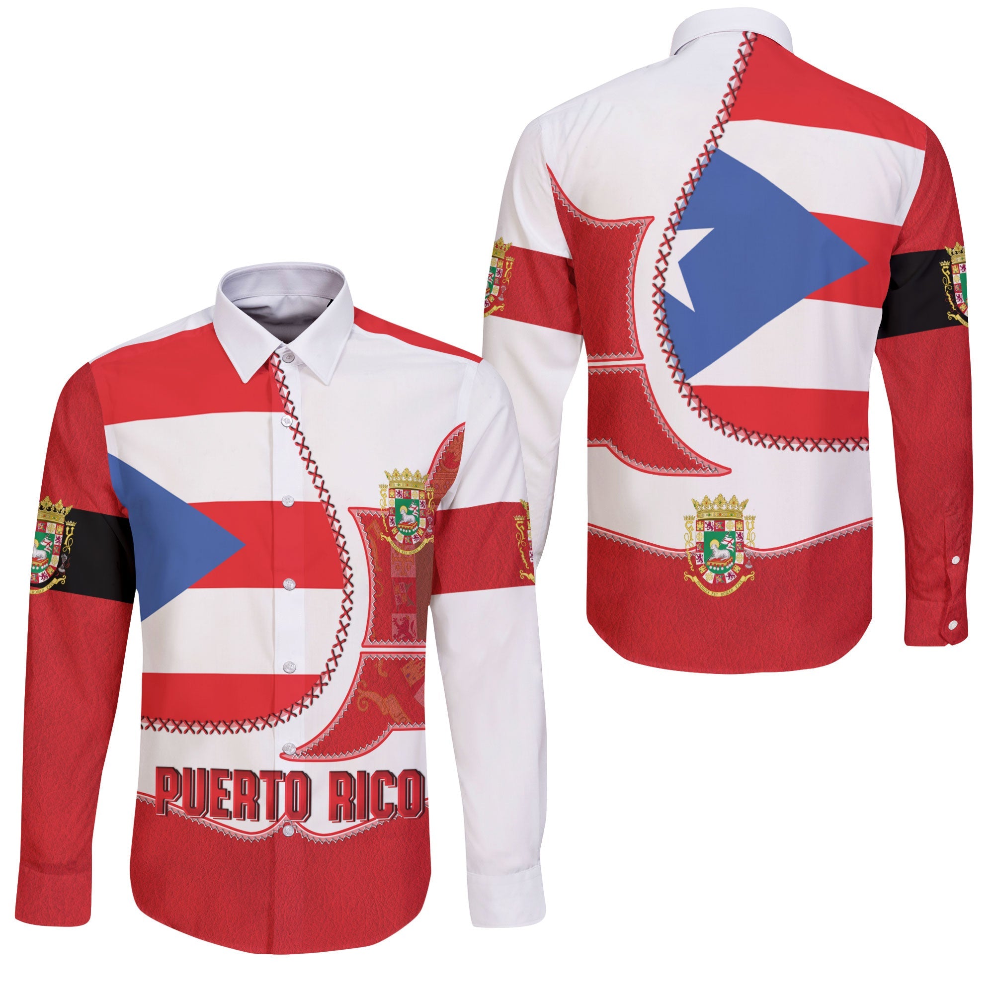 Puerto Rico Long Sleeve Button Shirt Flag & Coat Of Arms Leather Style