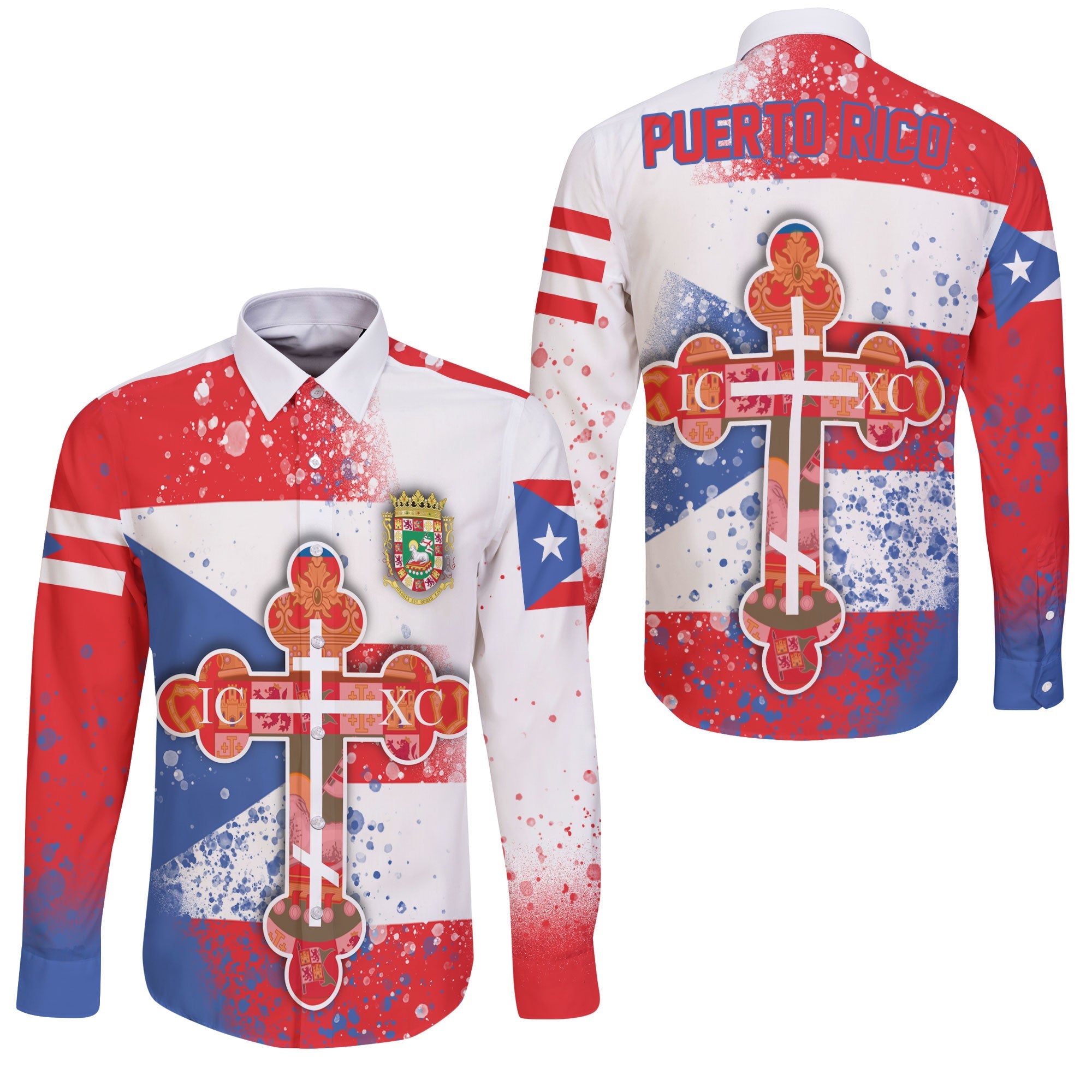 Puerto Rico Long Sleeve Button Shirt Flag & Coat Of Arms Orthodox Style