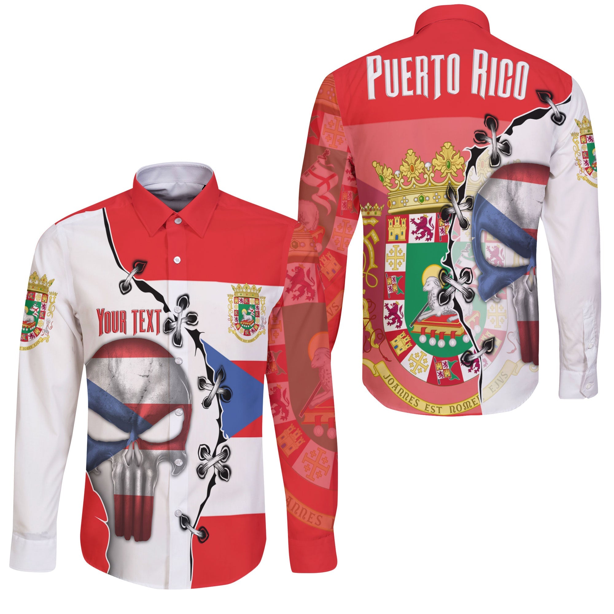 Puerto Rico Long Sleeve Button Shirt Flag & Coat Of Arms Skull Style