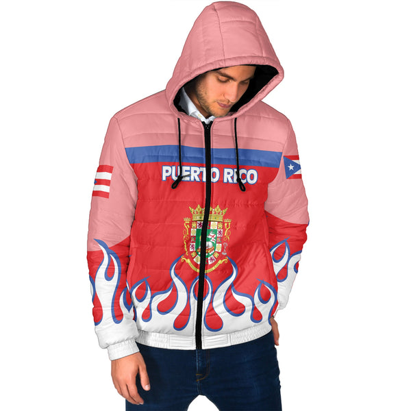 Puerto Rico Men Hooded Padded Jacket Flag & Coat Of Arms Fire Hockey Style