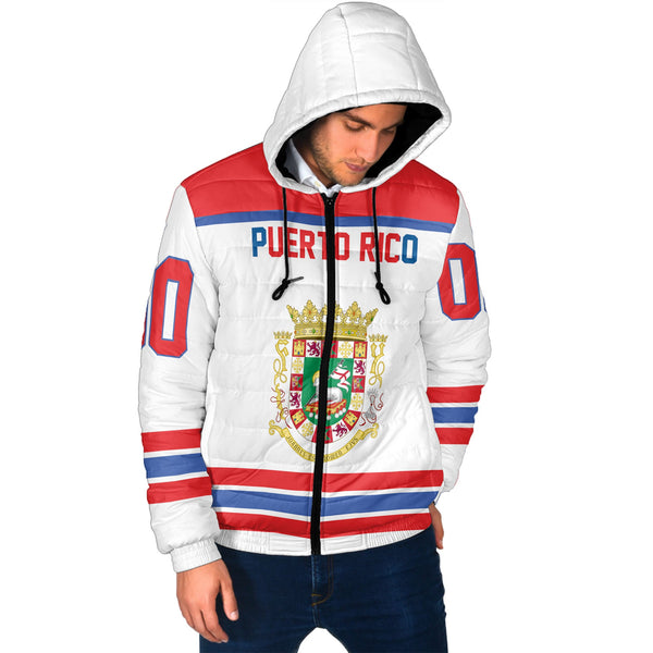 Puerto Rico Men Hooded Padded Jacket Flag & Coat Of Arms Hockey Style