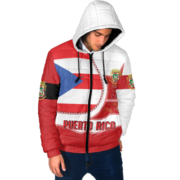 Puerto Rico Men Hooded Padded Jacket Flag & Coat Of Arms Leather Style