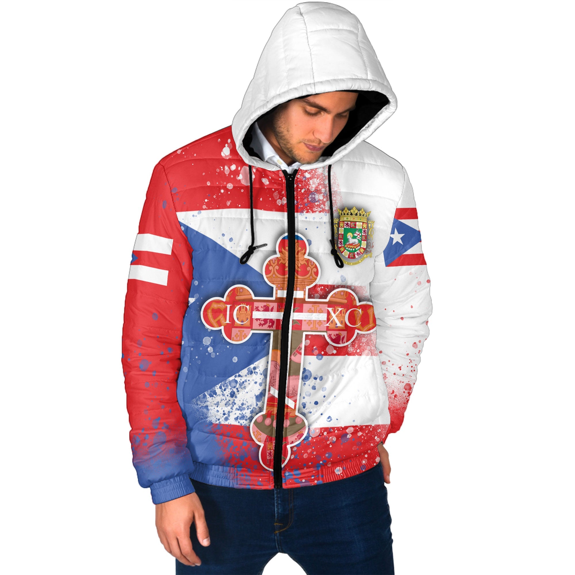 Puerto Rico Men Hooded Padded Jacket Flag & Coat Of Arms Orthodox Style