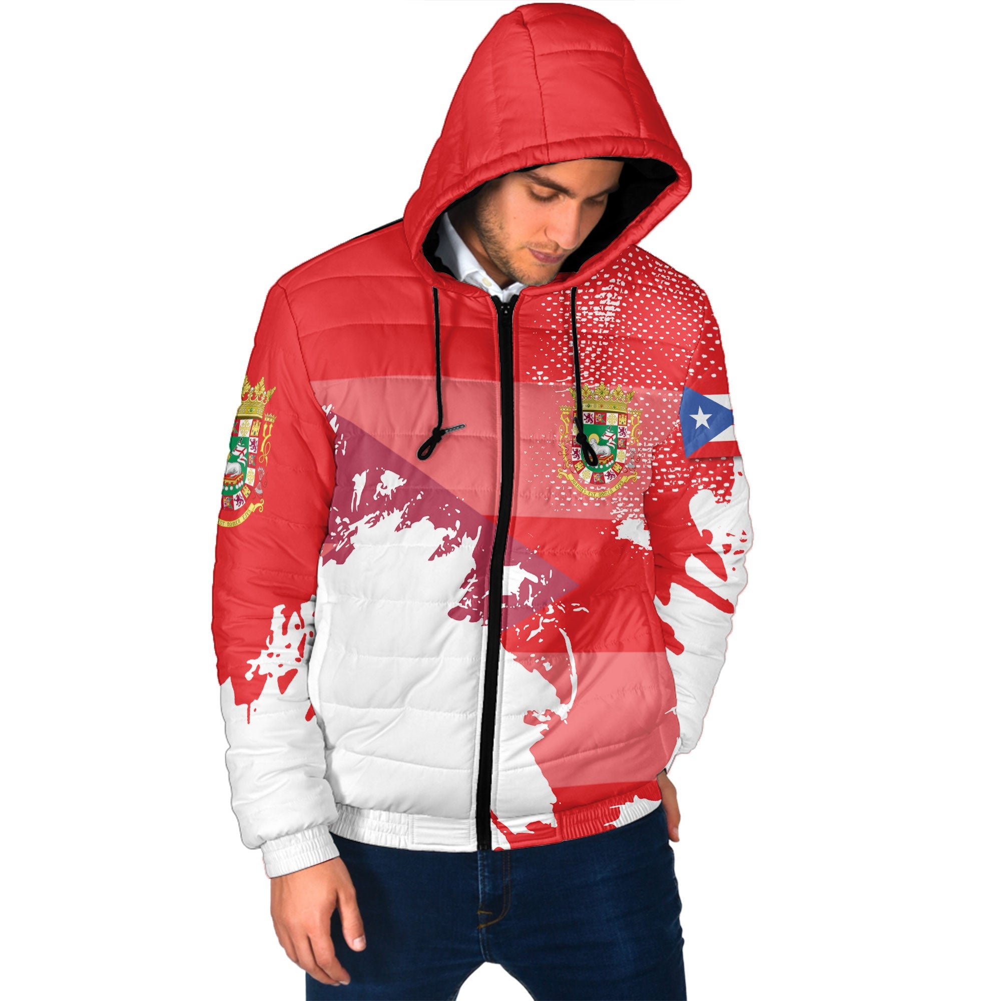 Puerto Rico Men Hooded Padded Jacket Flag & Coat Of Arms Paint Style