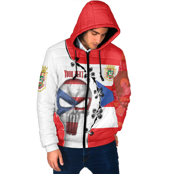 Puerto Rico Men Hooded Padded Jacket Flag & Coat Of Arms Skull Style