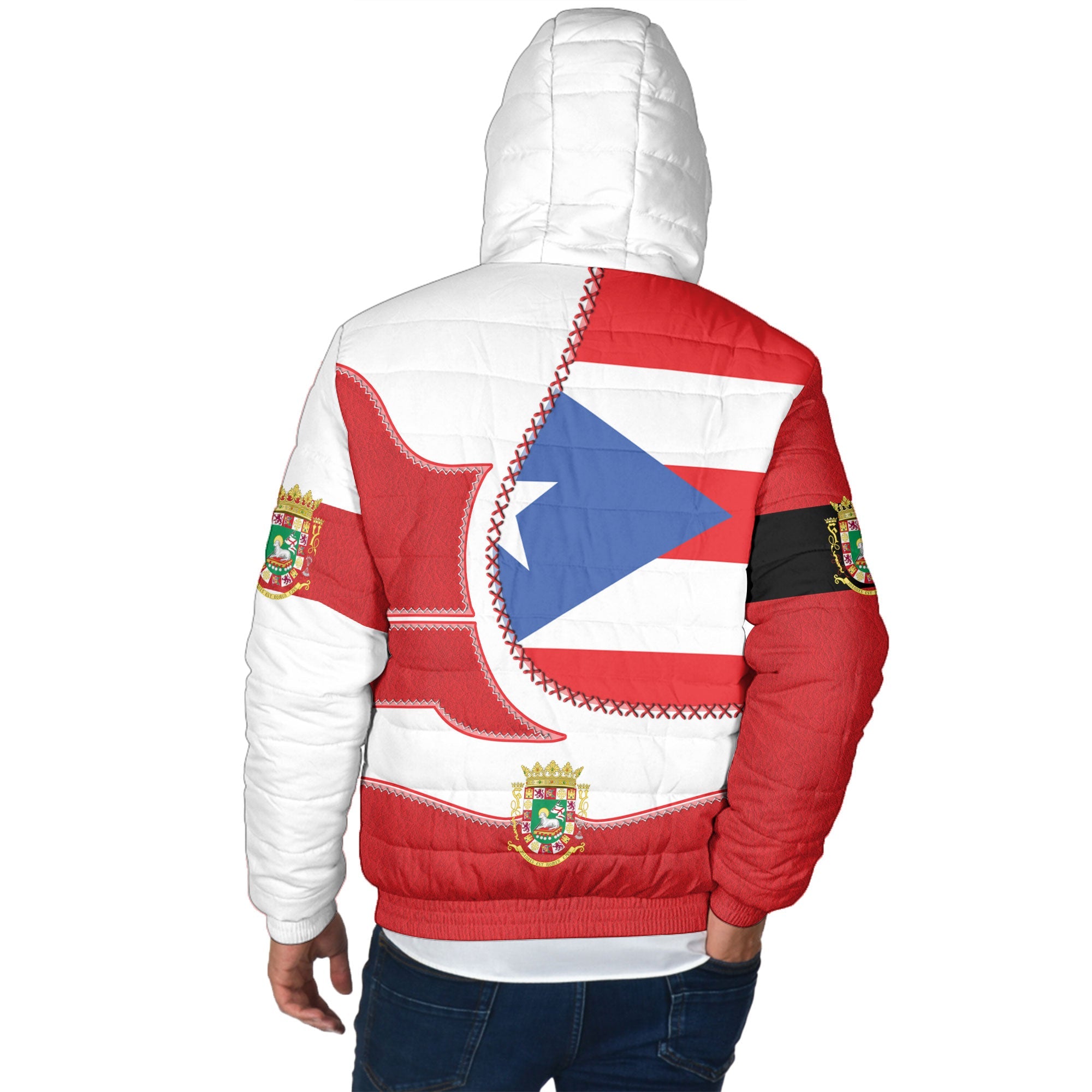 Puerto Rico Men Hooded Padded Jacket Flag & Coat Of Arms Leather Style