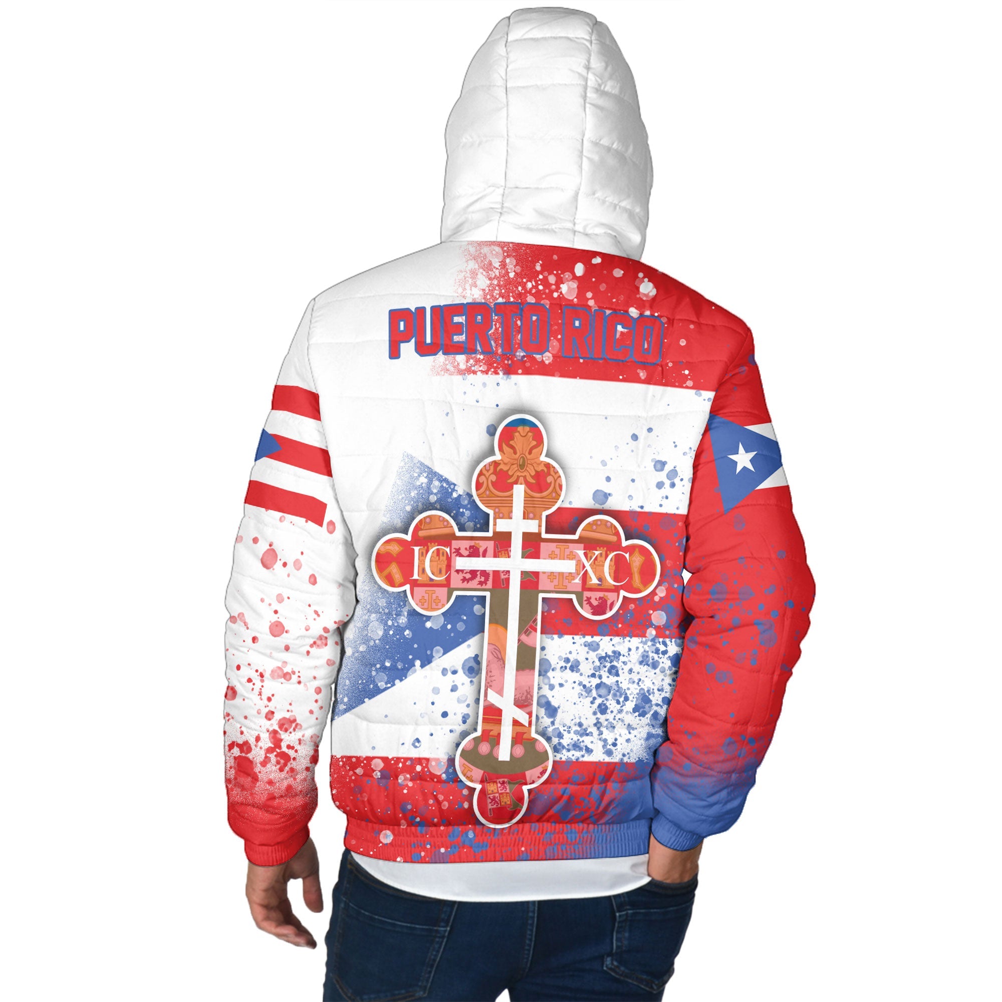 Puerto Rico Men Hooded Padded Jacket Flag & Coat Of Arms Orthodox Style