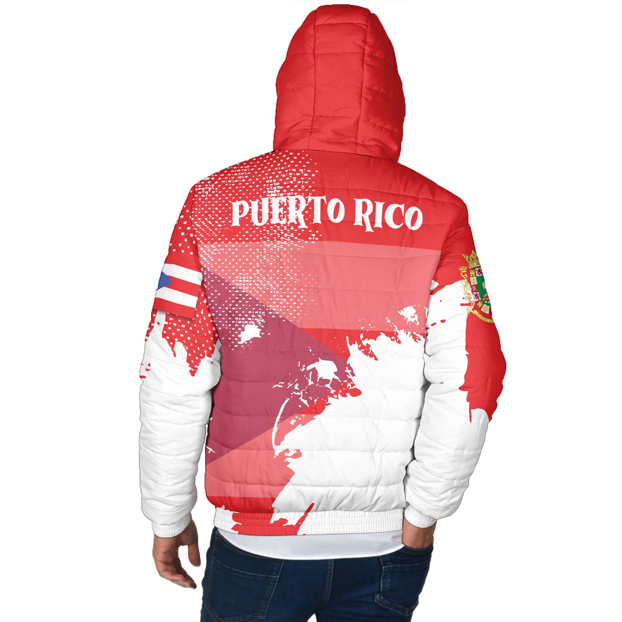 Puerto Rico Men Hooded Padded Jacket Flag & Coat Of Arms Paint Style