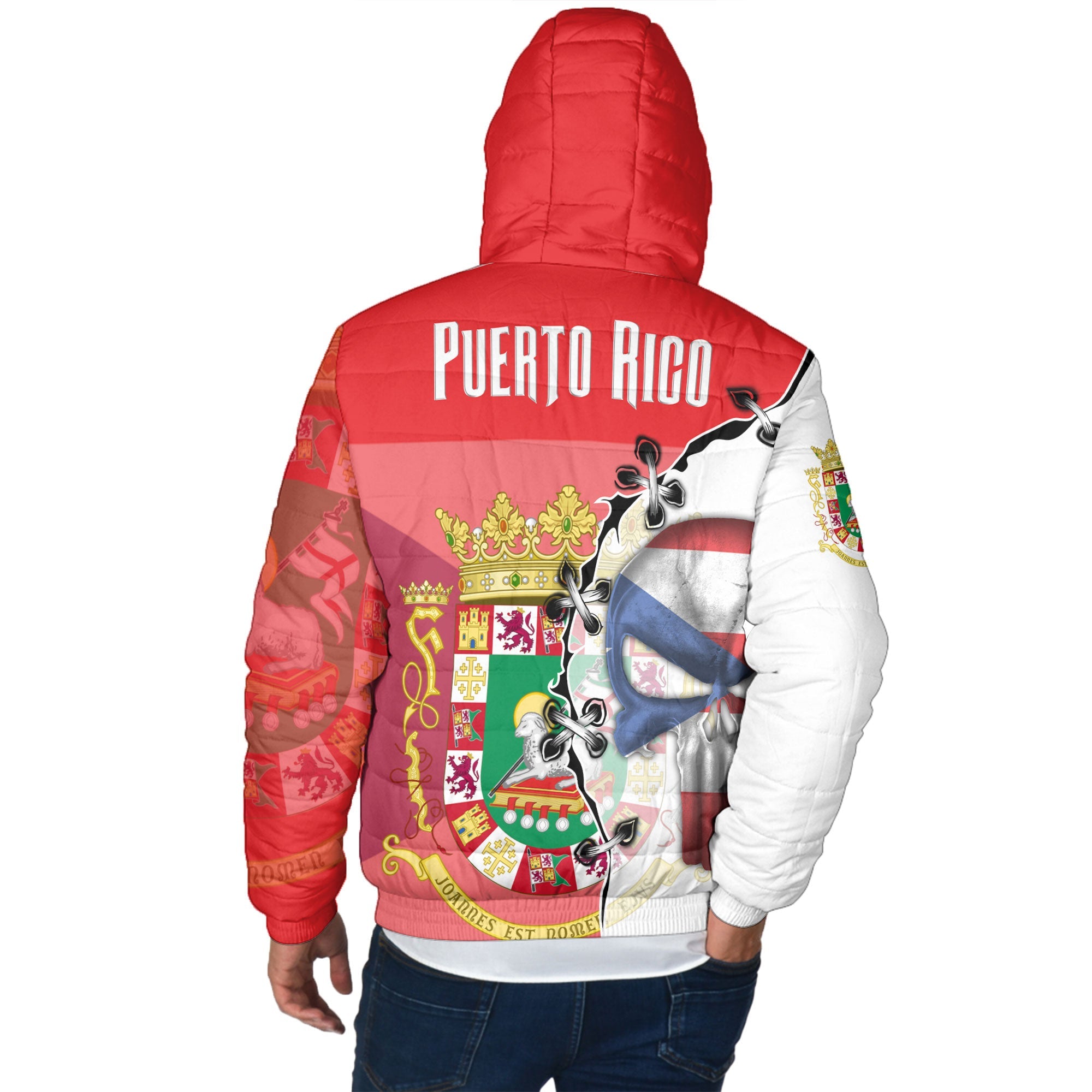 Puerto Rico Men Hooded Padded Jacket Flag & Coat Of Arms Skull Style