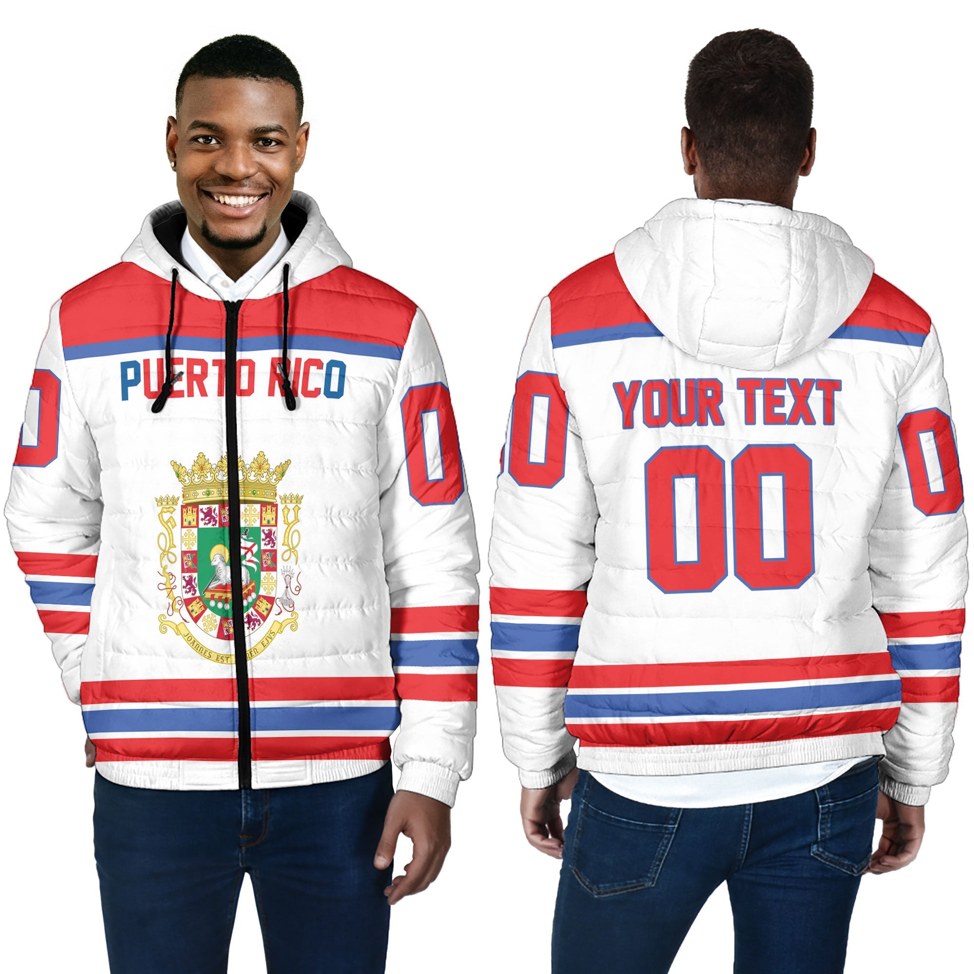 Puerto Rico Men Hooded Padded Jacket Flag & Coat Of Arms Hockey Style