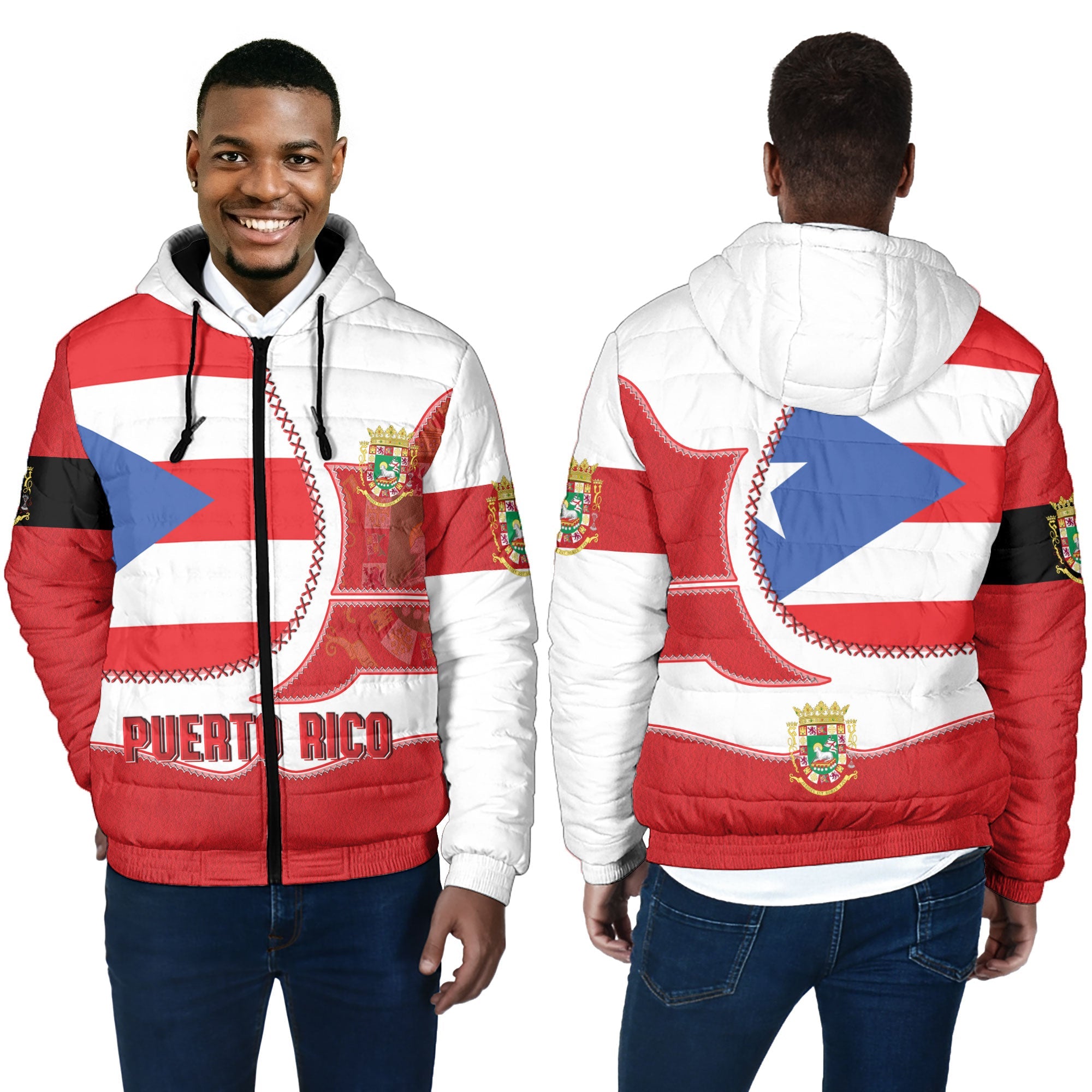 Puerto Rico Men Hooded Padded Jacket Flag & Coat Of Arms Leather Style