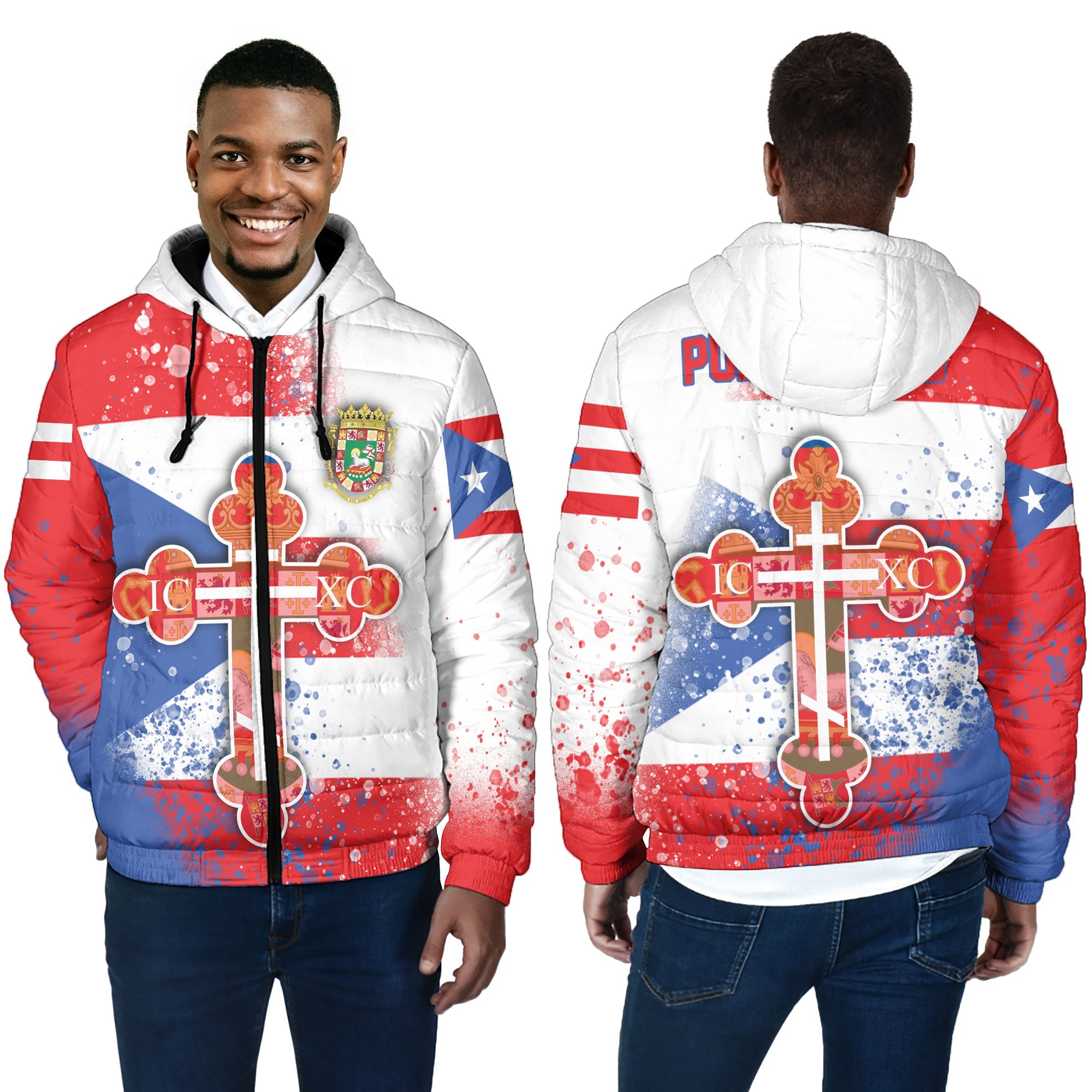 Puerto Rico Men Hooded Padded Jacket Flag & Coat Of Arms Orthodox Style