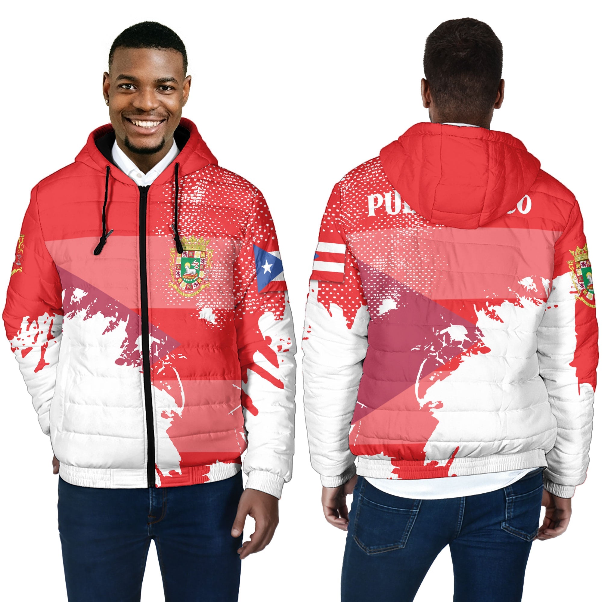 Puerto Rico Men Hooded Padded Jacket Flag & Coat Of Arms Paint Style