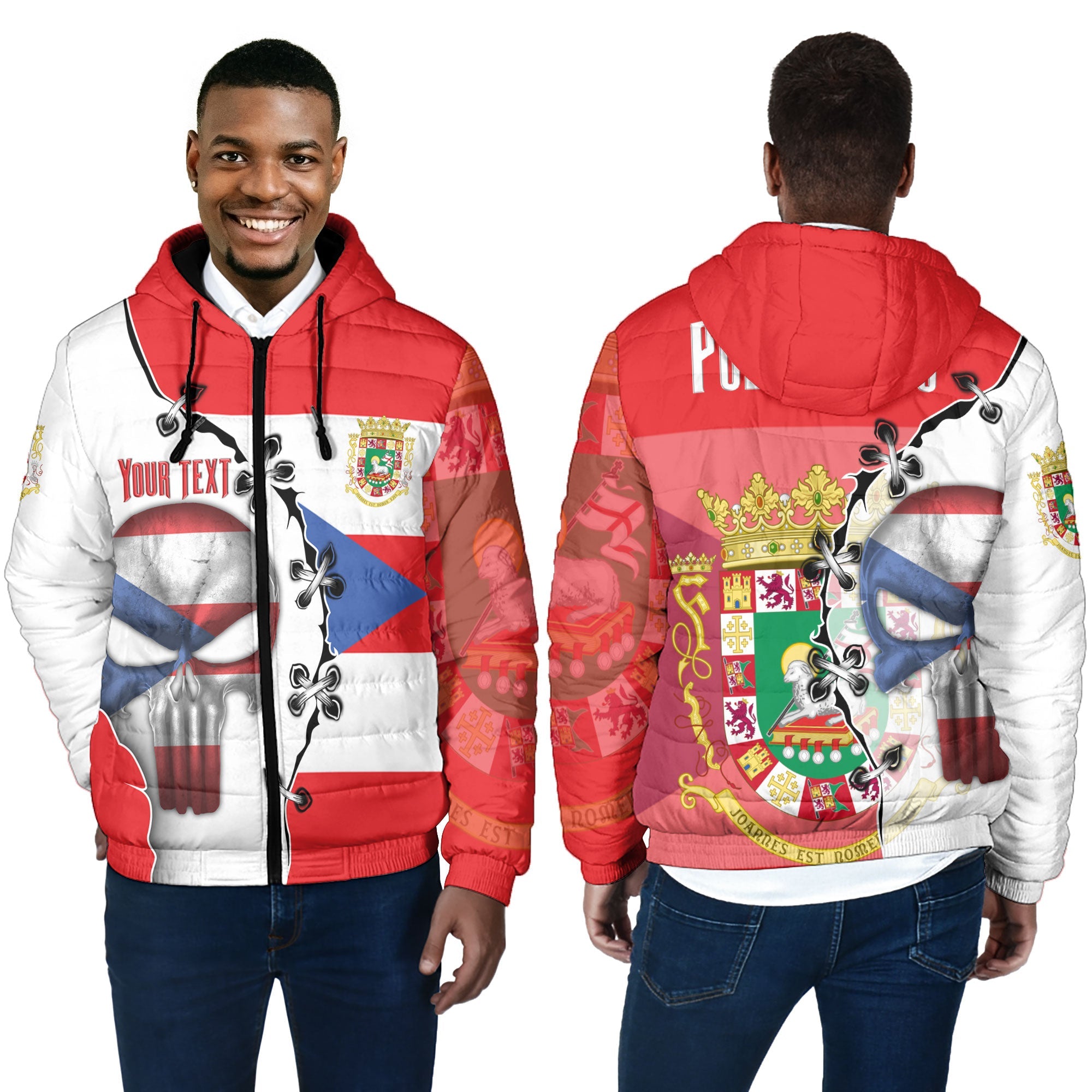 Puerto Rico Men Hooded Padded Jacket Flag & Coat Of Arms Skull Style