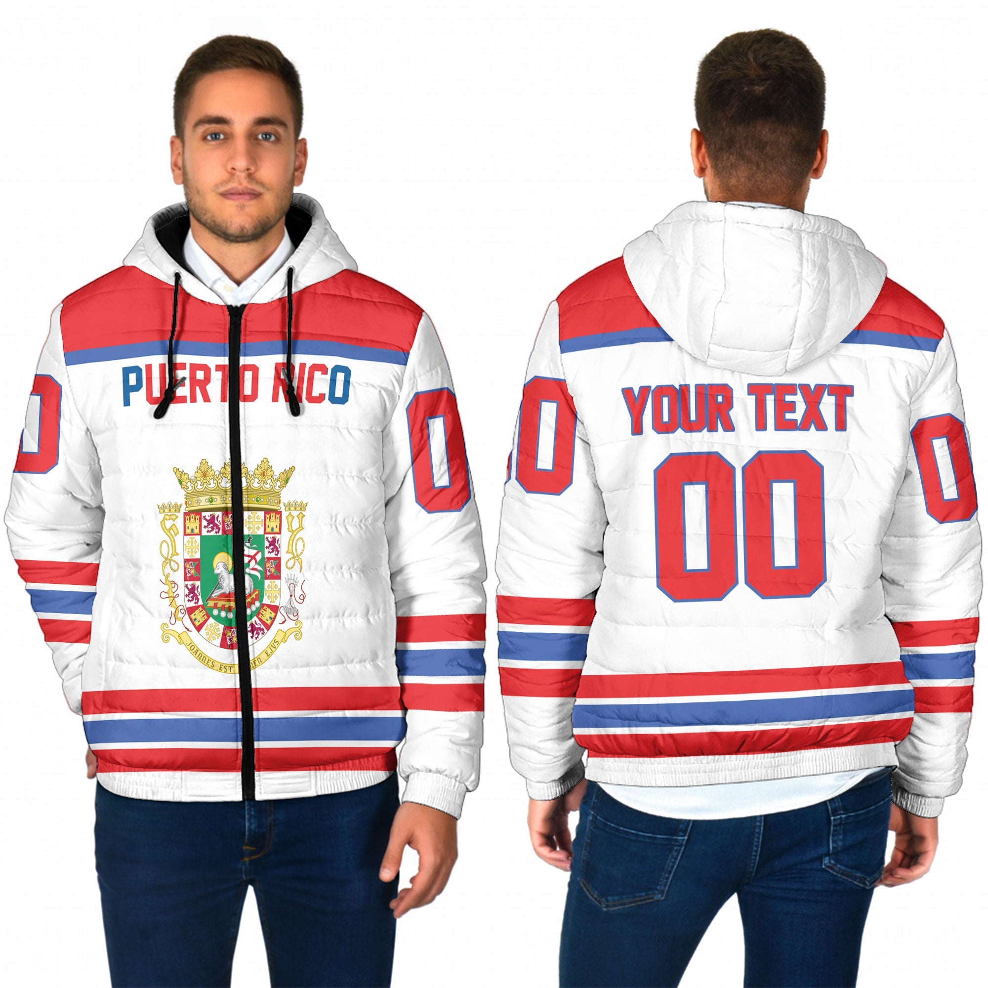 Puerto Rico Men Hooded Padded Jacket Flag & Coat Of Arms Hockey Style