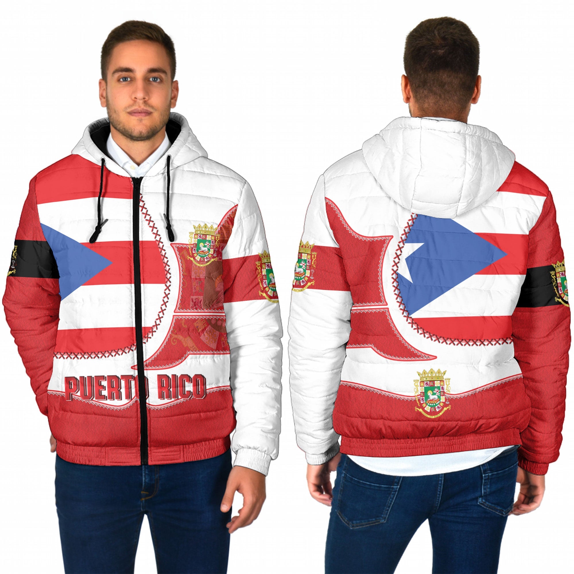 Puerto Rico Men Hooded Padded Jacket Flag & Coat Of Arms Leather Style