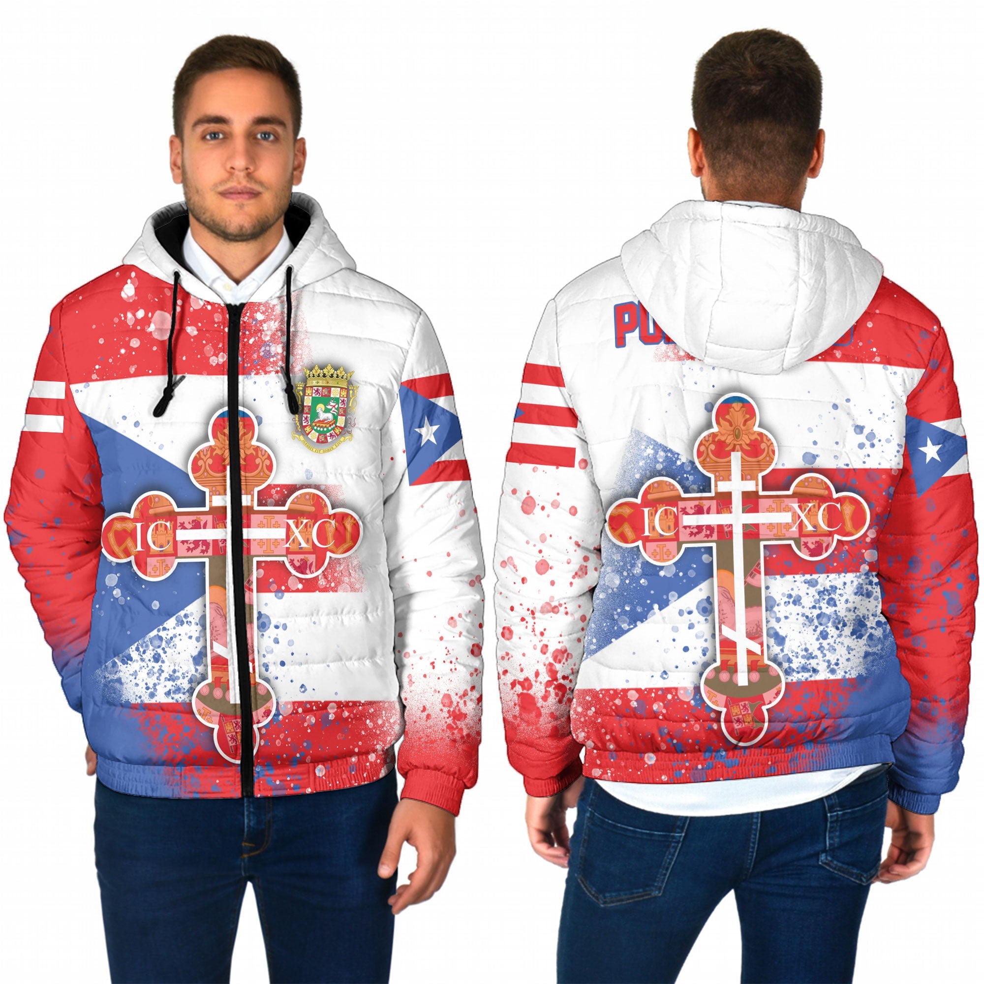 Puerto Rico Men Hooded Padded Jacket Flag & Coat Of Arms Orthodox Style