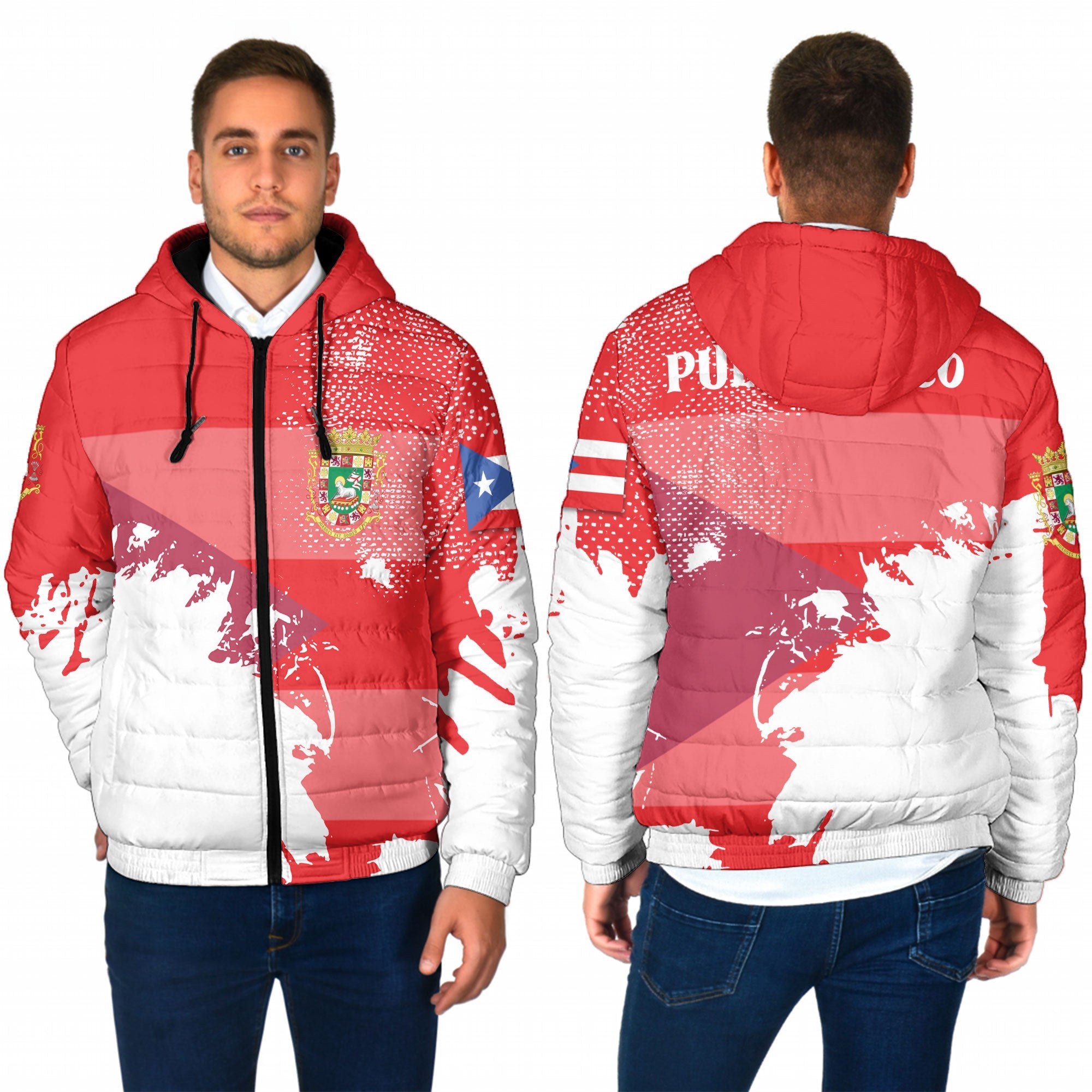 Puerto Rico Men Hooded Padded Jacket Flag & Coat Of Arms Paint Style