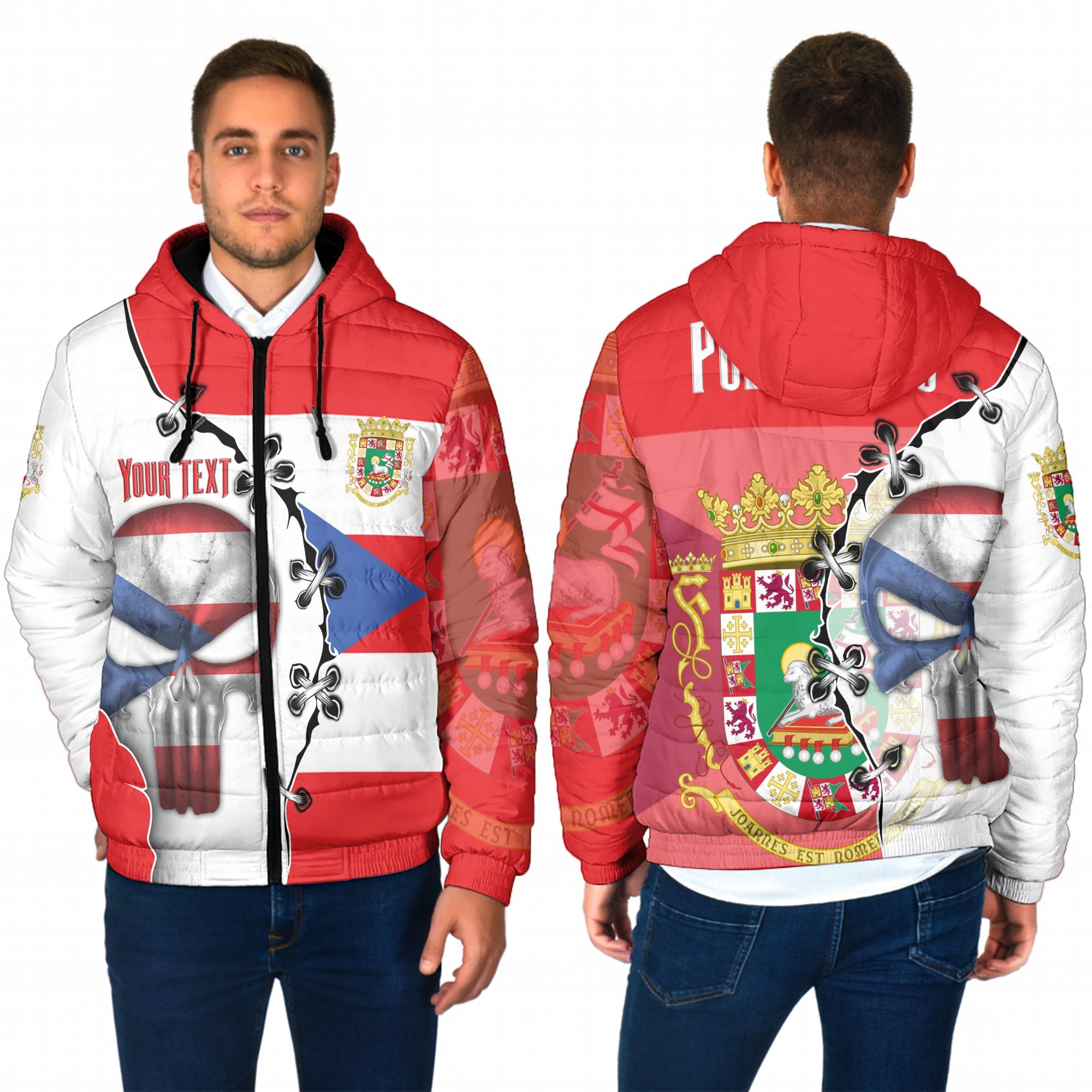 Puerto Rico Men Hooded Padded Jacket Flag & Coat Of Arms Skull Style